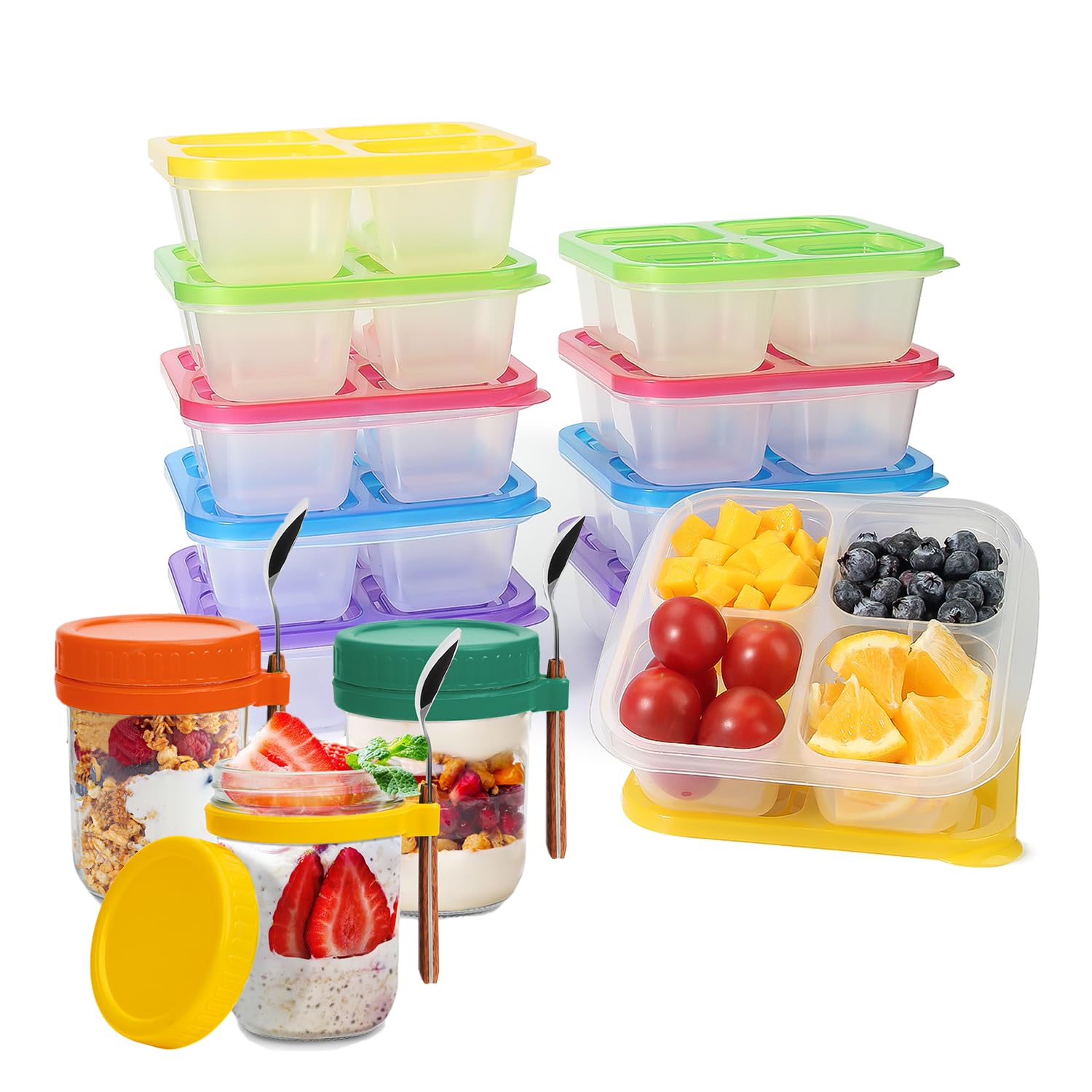 YULEER Meal Prep Containers Reusable Bundled Set, 6 Pack Overnight Oats Jars with Lids and 10 Pack 4-Compartment Food Containers for Food Storage