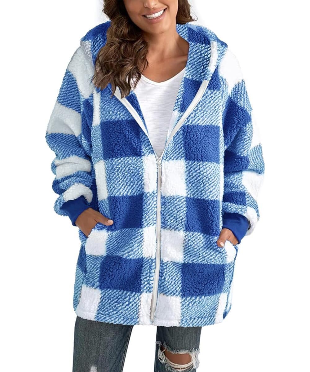 LICIAATWIG Women's Fleece Coat Checkered Warm Winter Jacket Hooded Jacket Fluffy Plush Jacket Zipper Sweatshirt with Hood and Pockets