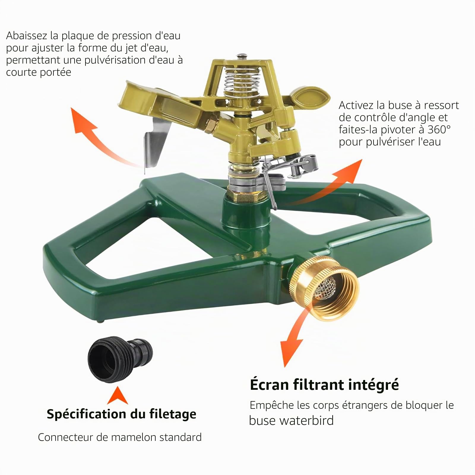 Arroseur d'eau de Jardin Socle métal, Arroseur Pelouse, Arrosage Automatique pour Jardin, Surfaces Jusqu'à 540 m², Rotatif à 360 Degrés, pour l'arrosage du Gazon et de la Jardin