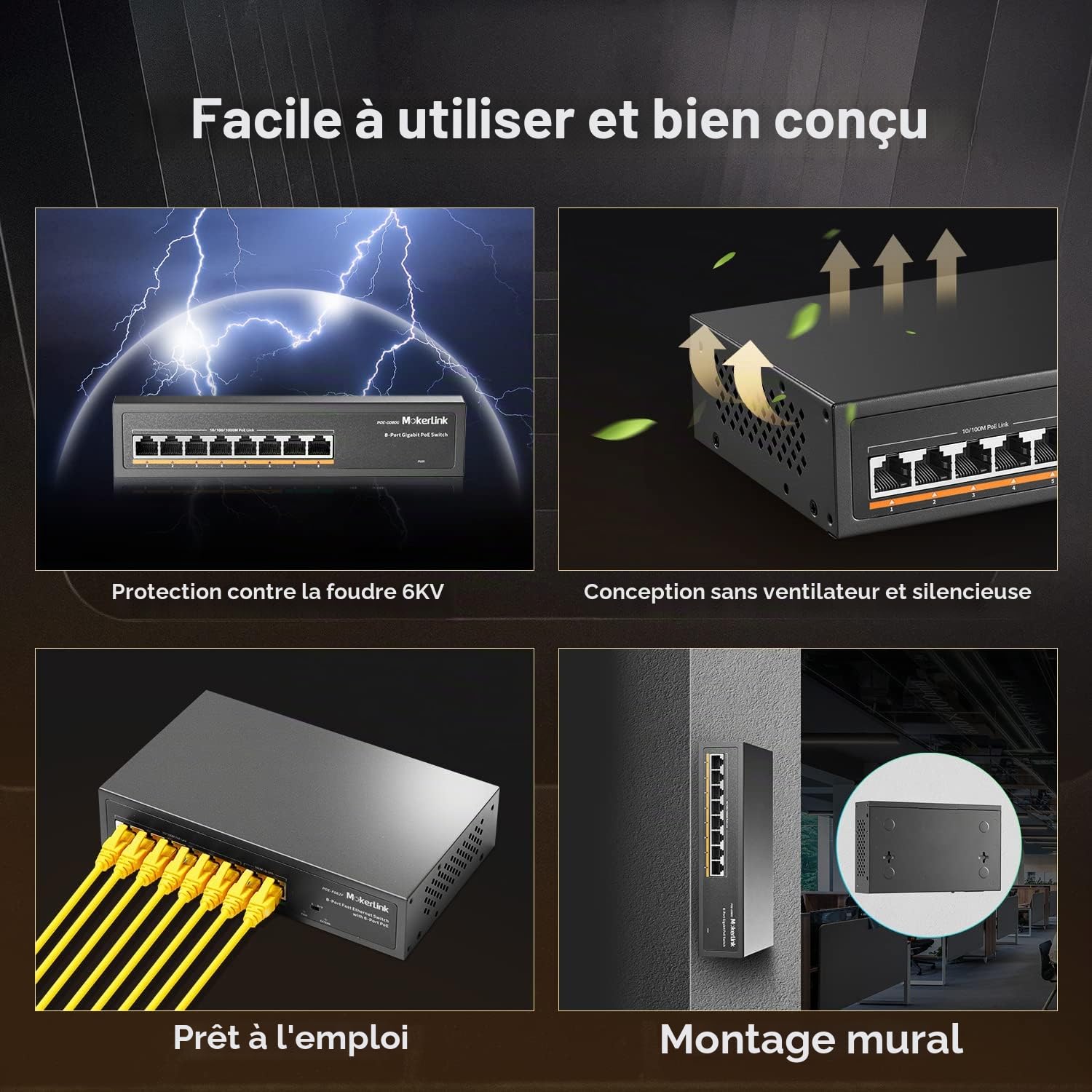 MokerLink 8 Port Gigabit PoE Switch, 8 PoE+ Ports 1000Mbps, 802.3af/at 120W, Plug and Play Non Géré, Métal Robuste, sans Ventilateur