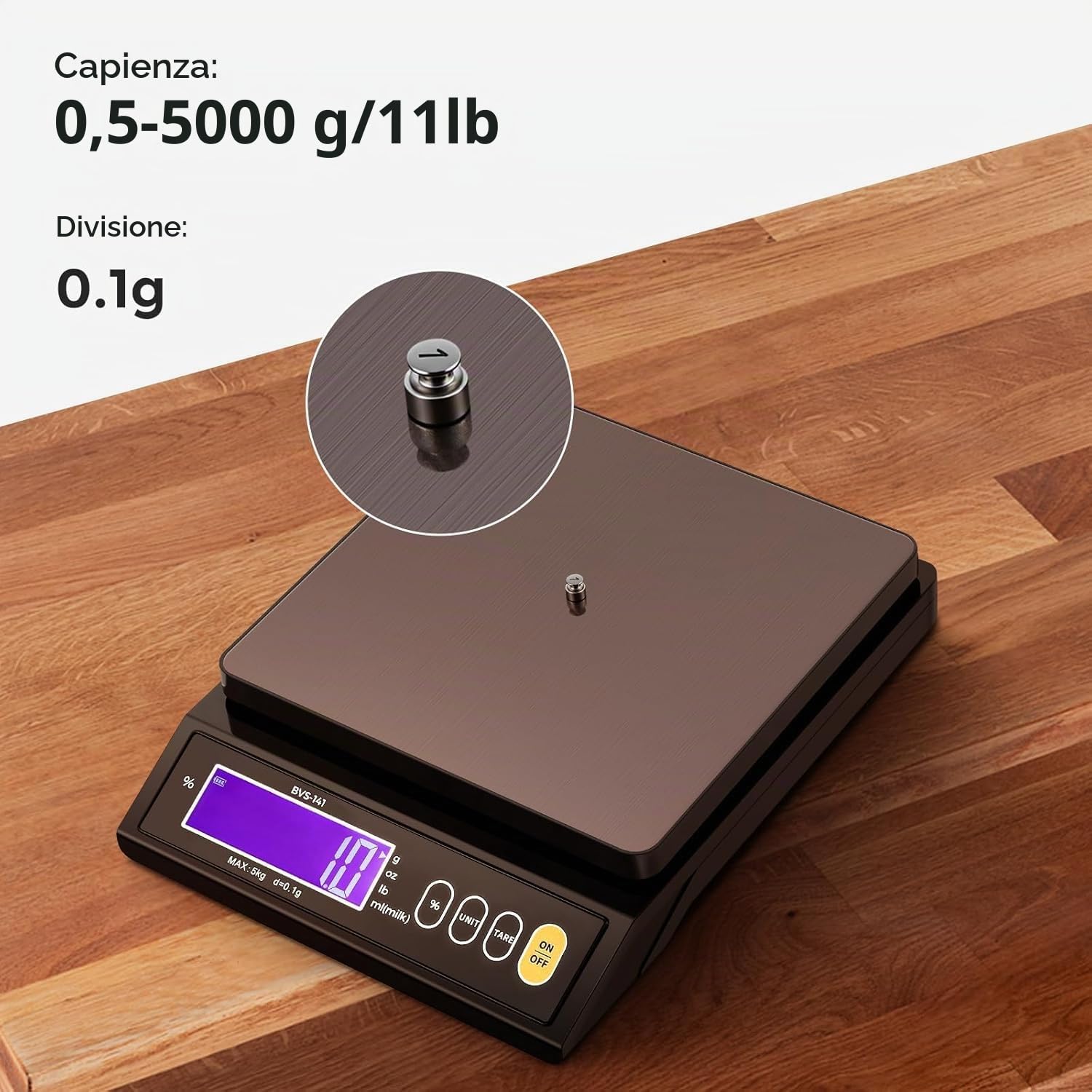 Bonvoisin 0.1 gr/ 5 kg Bilancia Cucina Digitale con Funzione Percentuale e Tara, Pesatura in Grammi, Libbre e Once, Alta Precisione Pesa Alimenti per Cucinare per Candele, Saponi e Pane