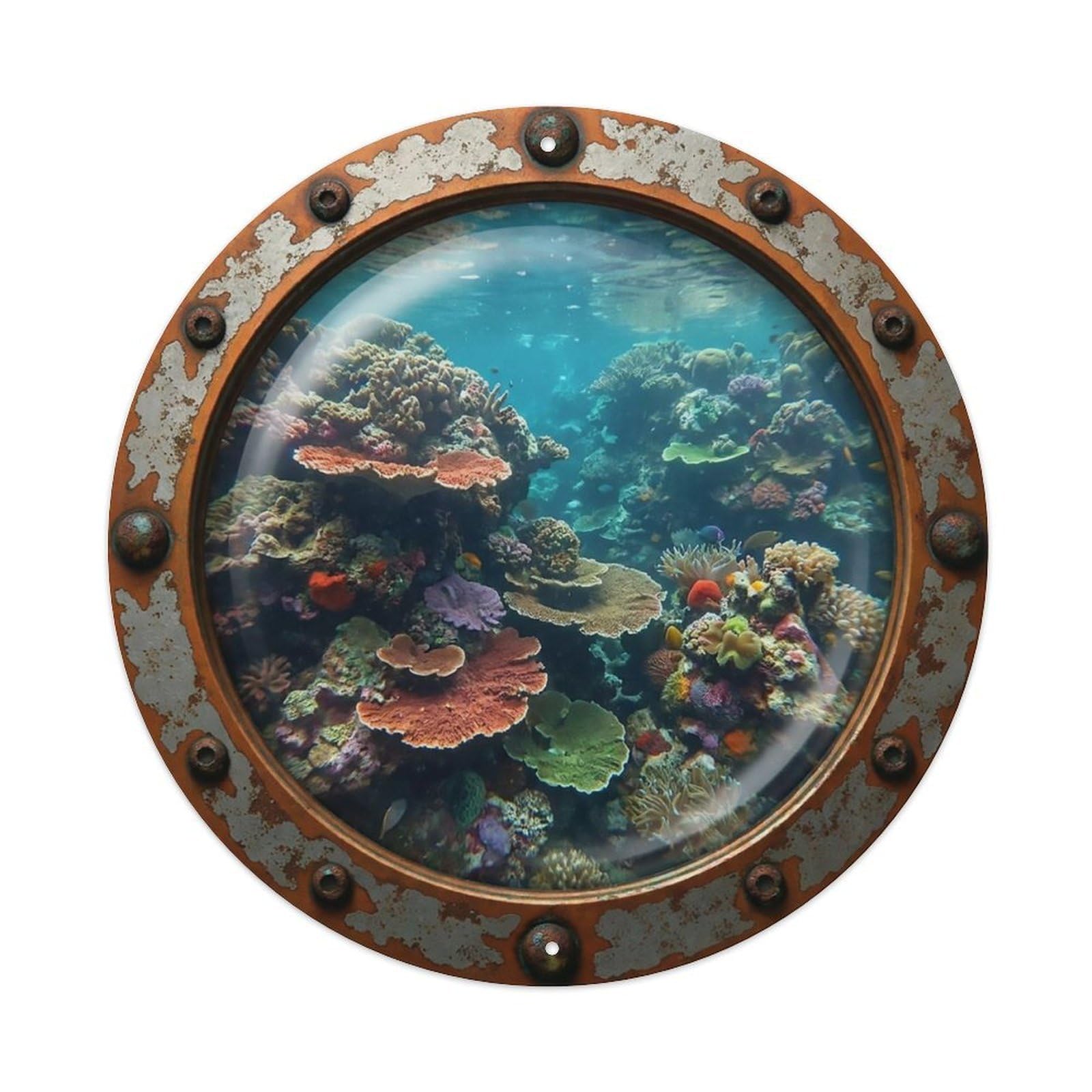 Odgynaw 8X8inch(20X20cm) Vintage Porthole Encrusting Coral Nautical Window View Metal Tin Sign