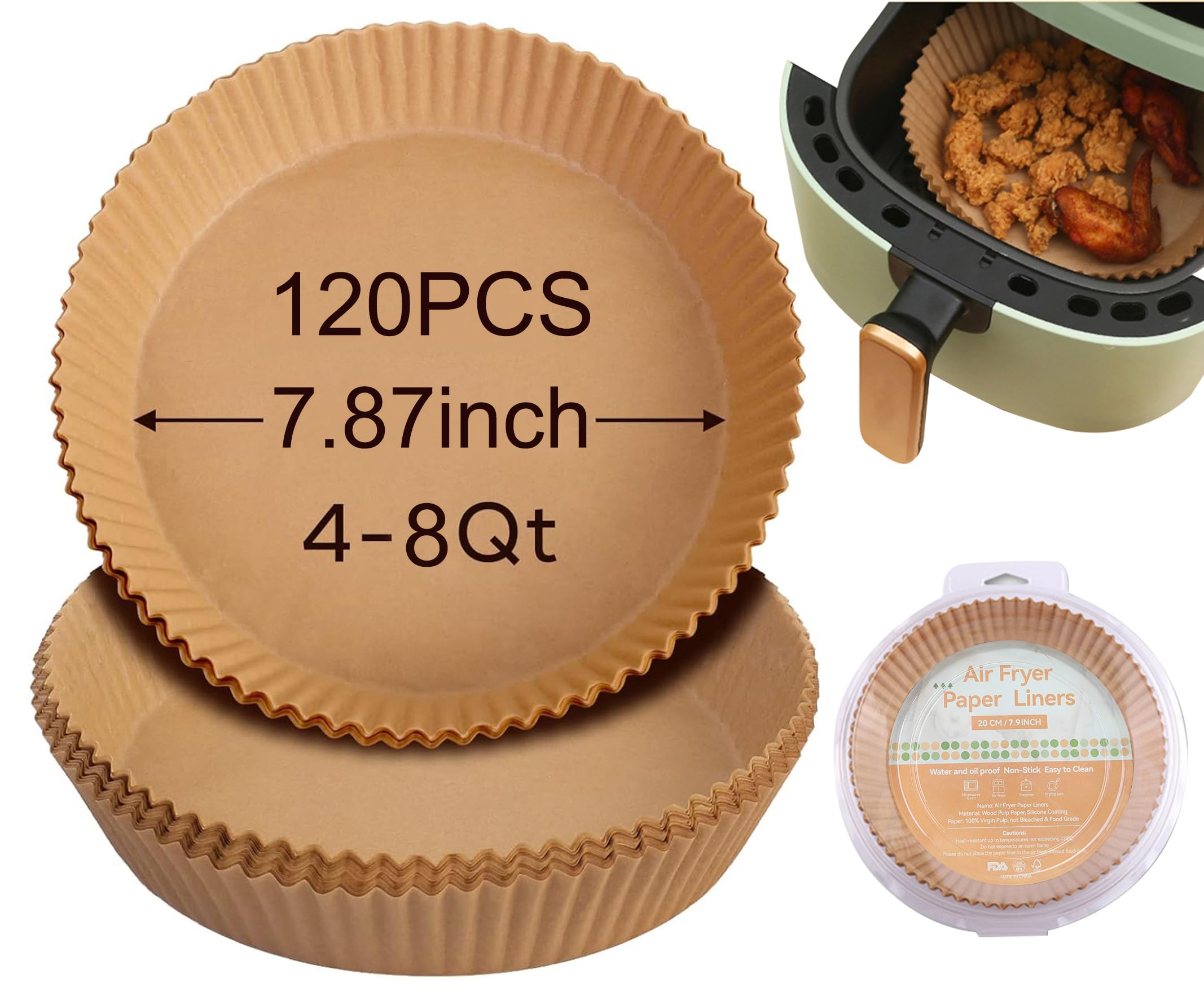 Air Fryer Liners,Disposable Airfryer Paper Liners,Non-Stick Oil-proof Water-proof for Easy Cleanup, Great for Oven, Pans & Baking,8” Round for 4-8 qt Air Fryer, Steamer, Roasting,Microwave,120 Pcs
