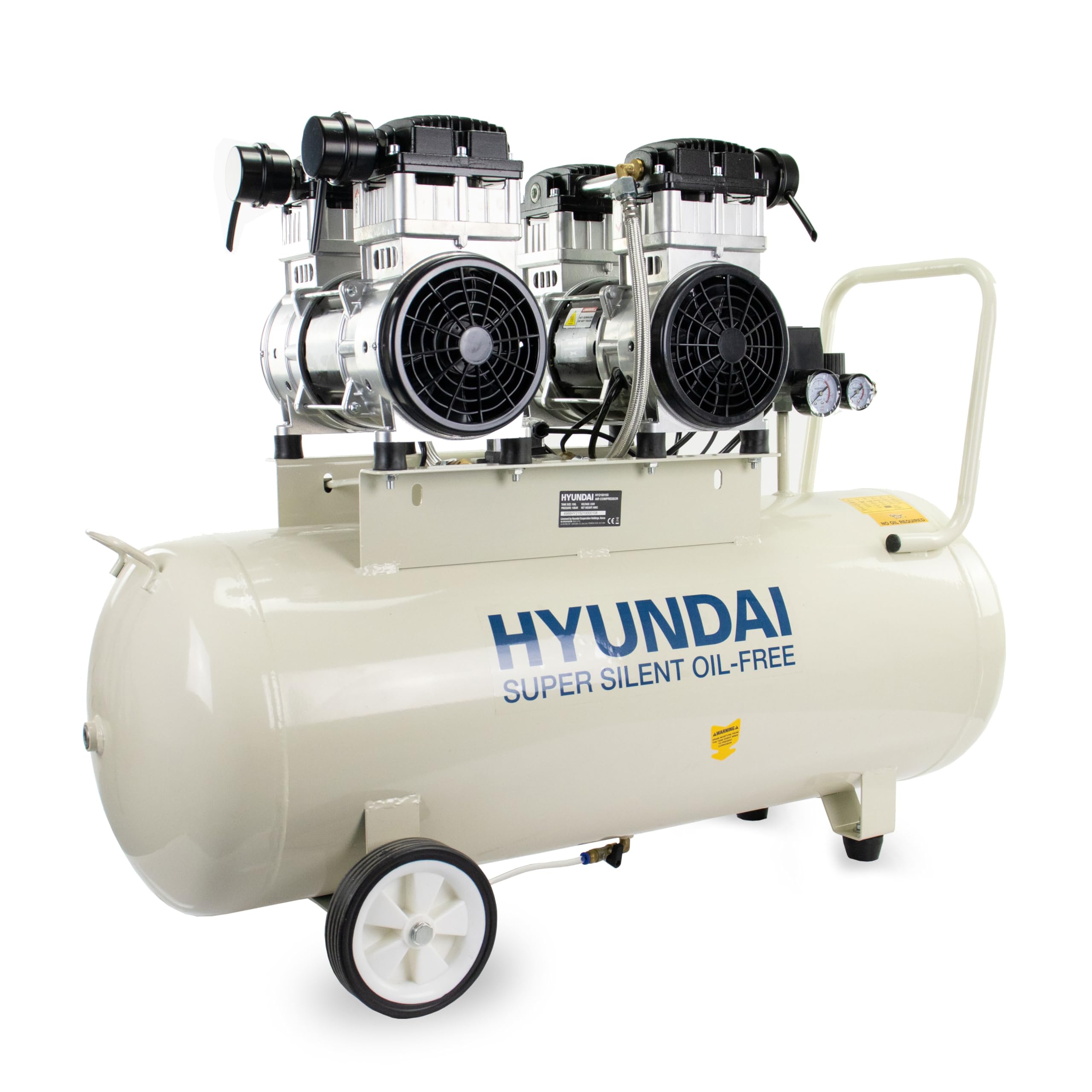 Hyundai 100L Oil Free Low Noise Electric Air Compressor, 3000W / 4Hp 22Cfm, 145 Psi, Direct Drive Twin Motor, Silent Workshop Compressor With Quick Release Couplers