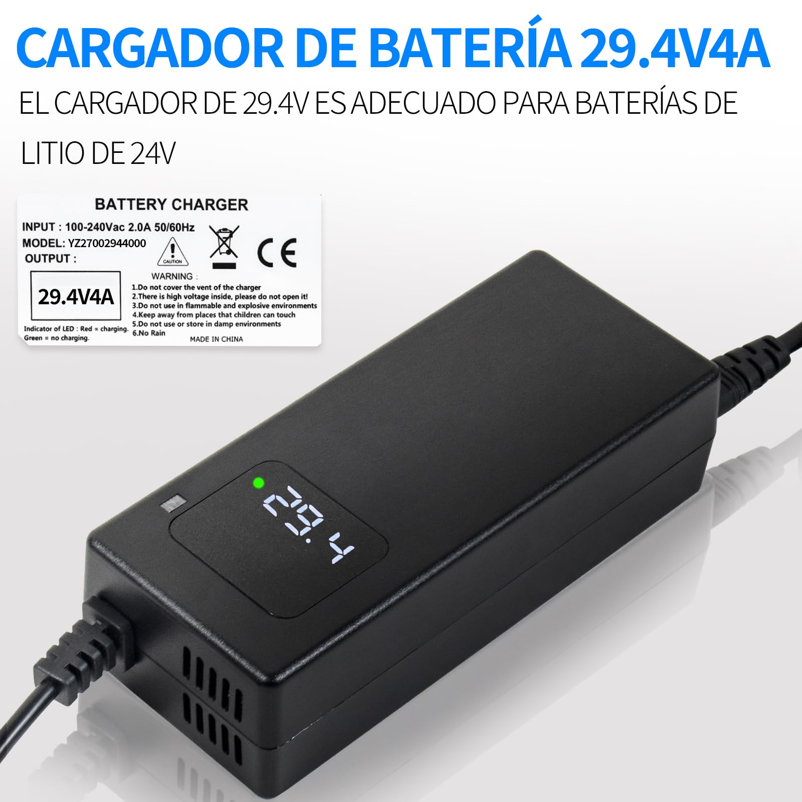 Caricatore 29,4 V 4 A agli ioni di litio 24 V, bicicletta elettrica e monopattino elettrico | Display LED, connettori RCA da 8 mm e DC 5,5 x 2,1/2,5 mm, protezione multipla e certificazione CE per una ricarica sicura.