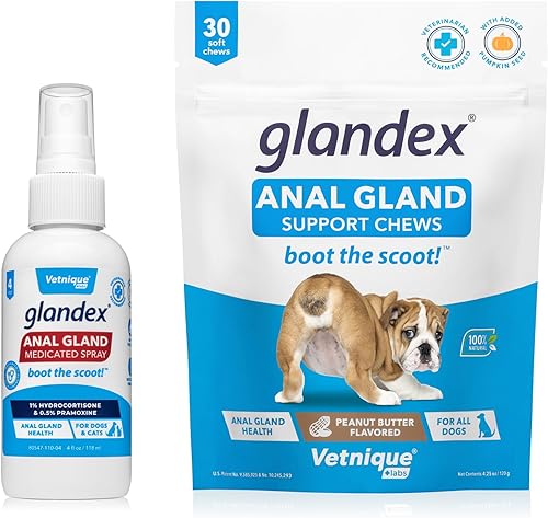 Glandex - Aerosol medicado para glándulas anales para perros y gatos (4 onzas) y Glandex Anal Support Chews 30 unidades Bundle Spray desodorizante