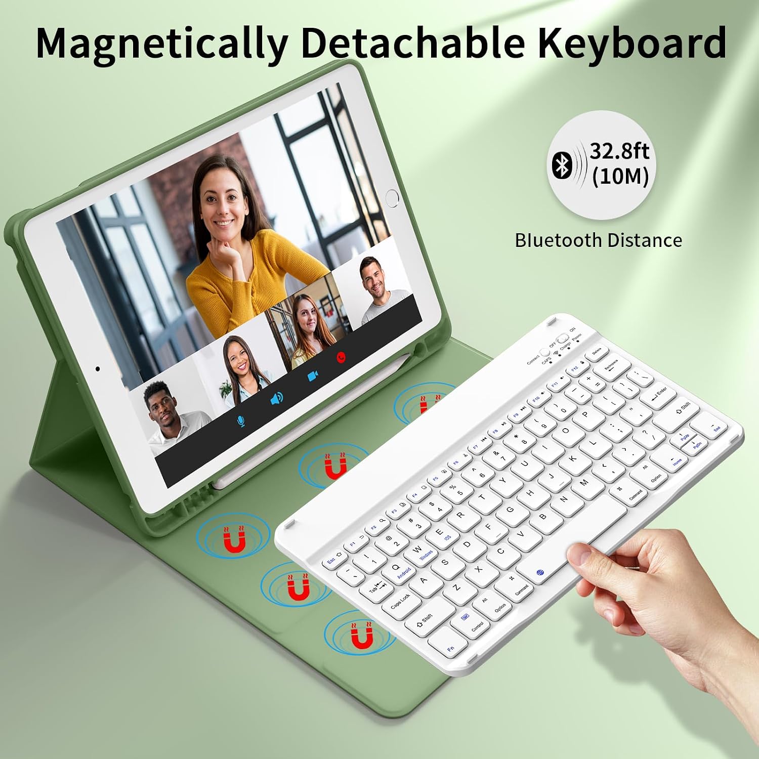 kenke Case with Keyboard for iPad 9th/8th/7th Generation 10.2 inch 2021/2020/2026 Detachable Wireless Bluetooth Keyboard Cover Thin & Light with Left Side Pencil Holder Auto Wake/Sleep (Matcha Green)