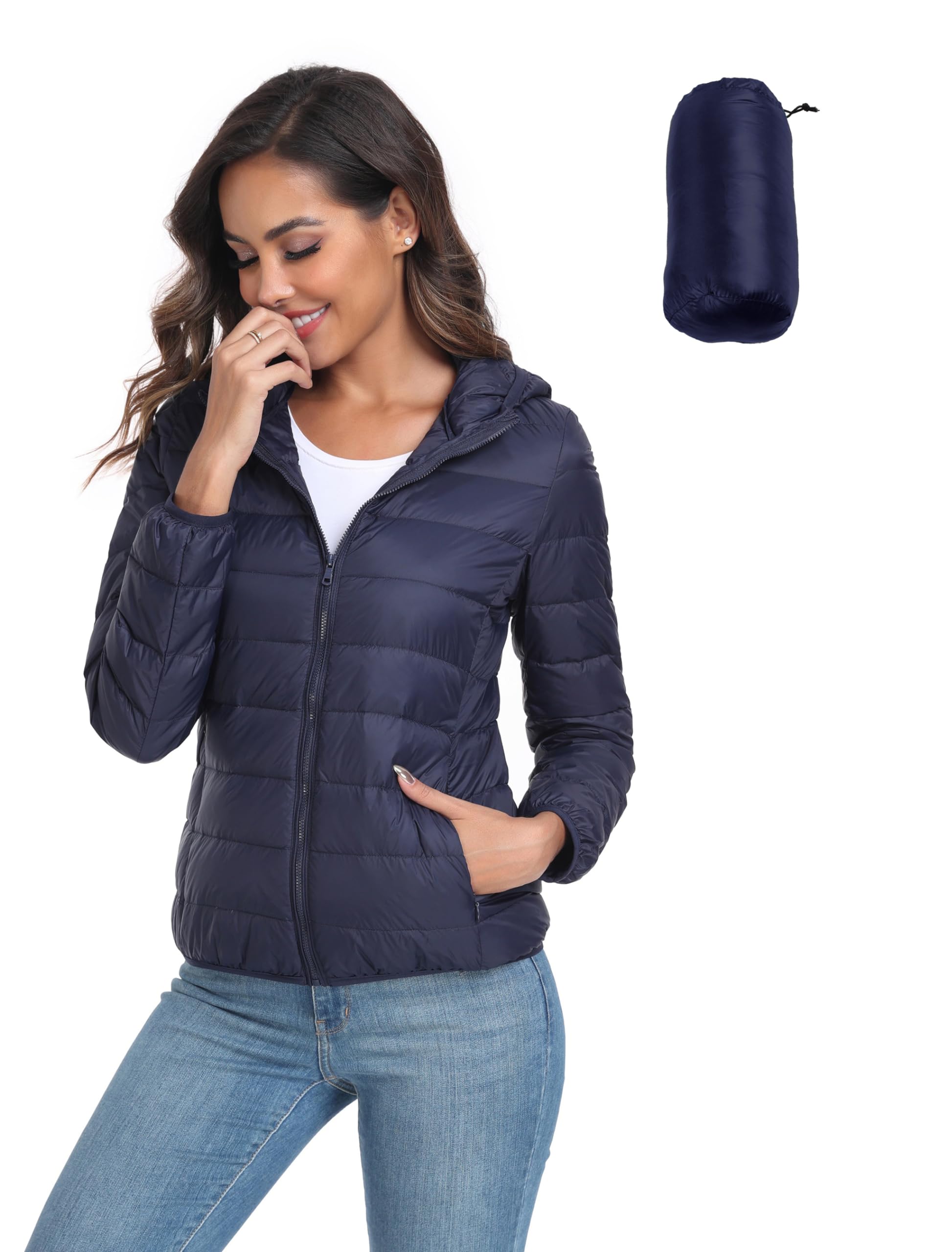 Photo 1 of Valennia Women's Short Down Coat Packable Puffer Jacket With Hooded Winter Ultra Light Outerwear Blue M