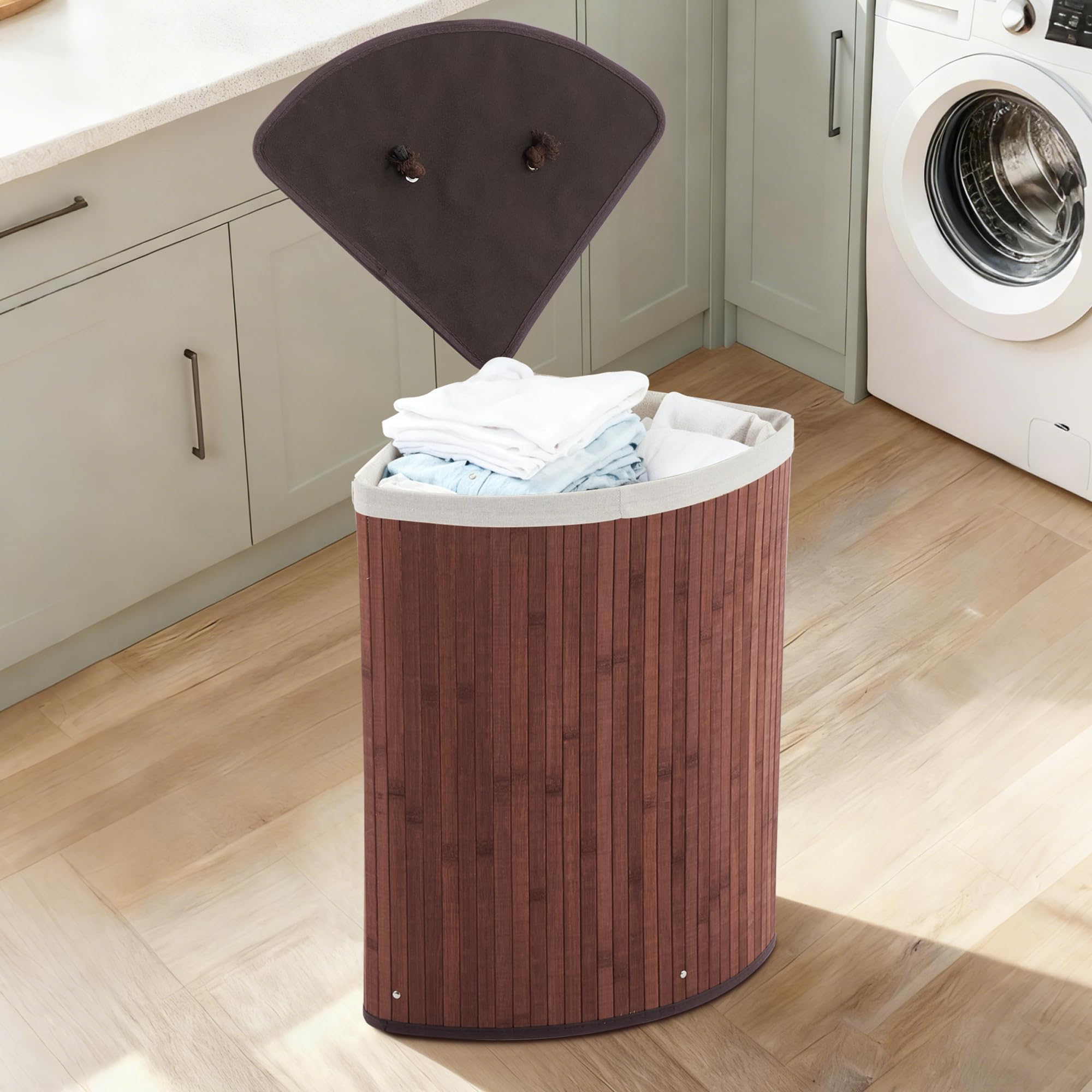 AffinityFurn Bamboo Laundry Basket 58L, Laundry Hamper with Lid, Foldable Laundry Bin, Space-Saving Corner Eco-Friendly Laundry Hamper, Washable Liner Bag, Collapsible for Bedroom, Bathroom