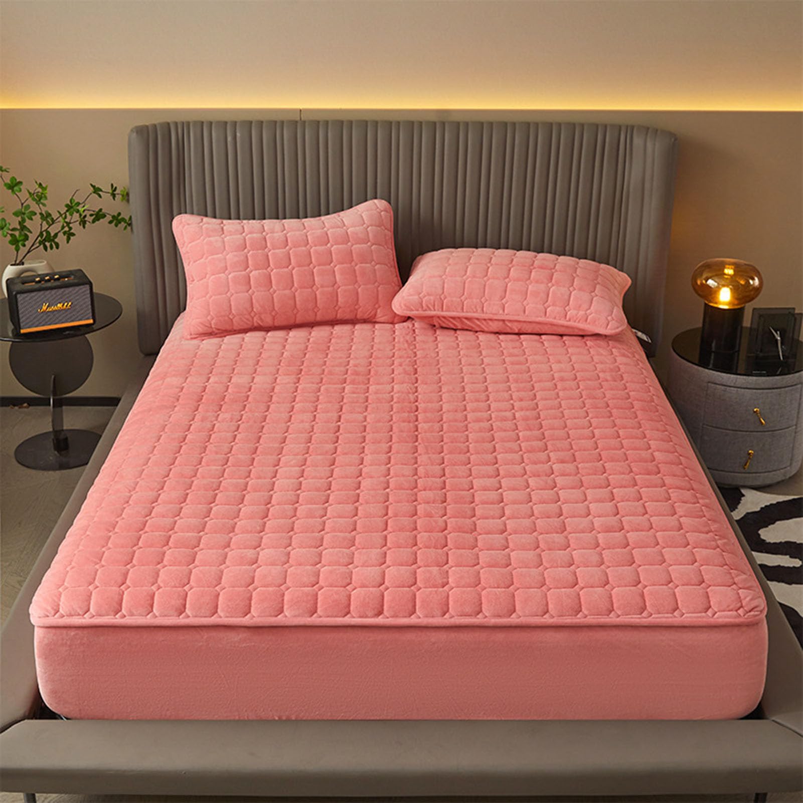 Drap-housse en velours d'hiver 150x200cm, couvre-lit matelassé gris pour lit double