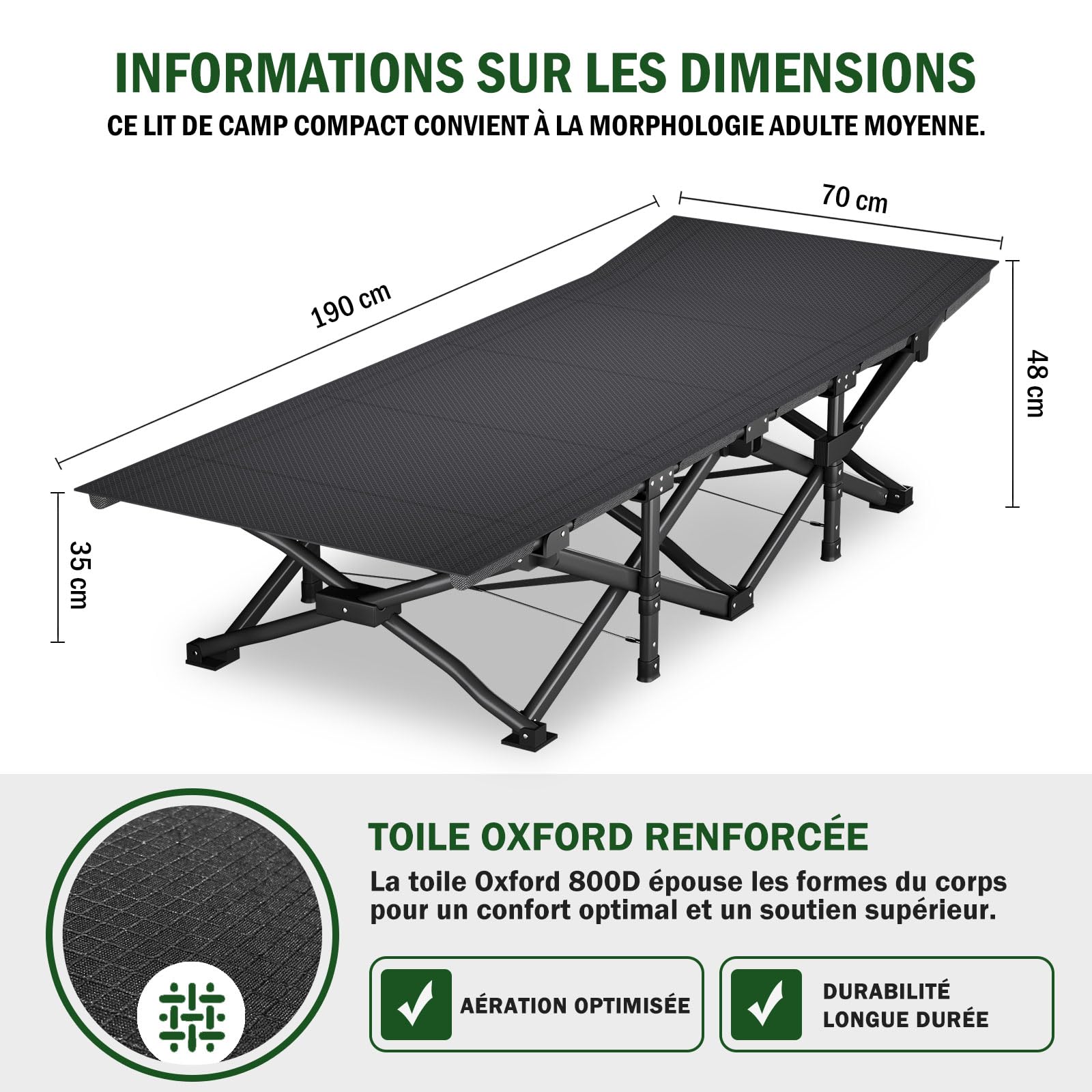 Lit de Camping Pliable pour Adultes avec Matelas, Lit de Sieste Portable Réglable, Charge Maximale 200kg – Inclut Sacoche de Transport, Gris