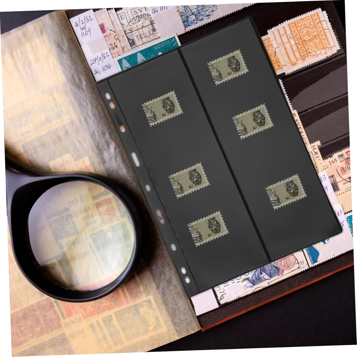 CONGARTENO 10 Pieces Black Inner Pages Double Sided 2 Rows Stamps Album Sheet for Collectors Storage and Presentation