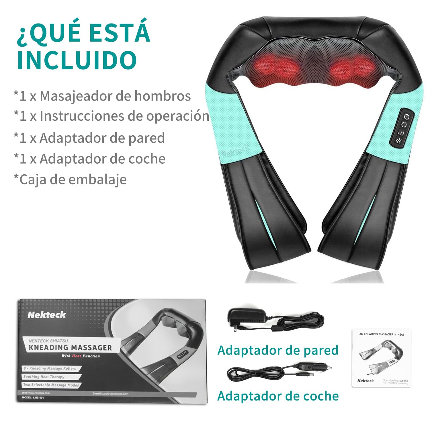 Nekteck 3D masajeador cervical y espalda con calor relajante, shiatsu de tejido profundo masajeador cervical, hombro, espalda y masajeador de cuello Para uso en el hogar, oficinas y automóviles