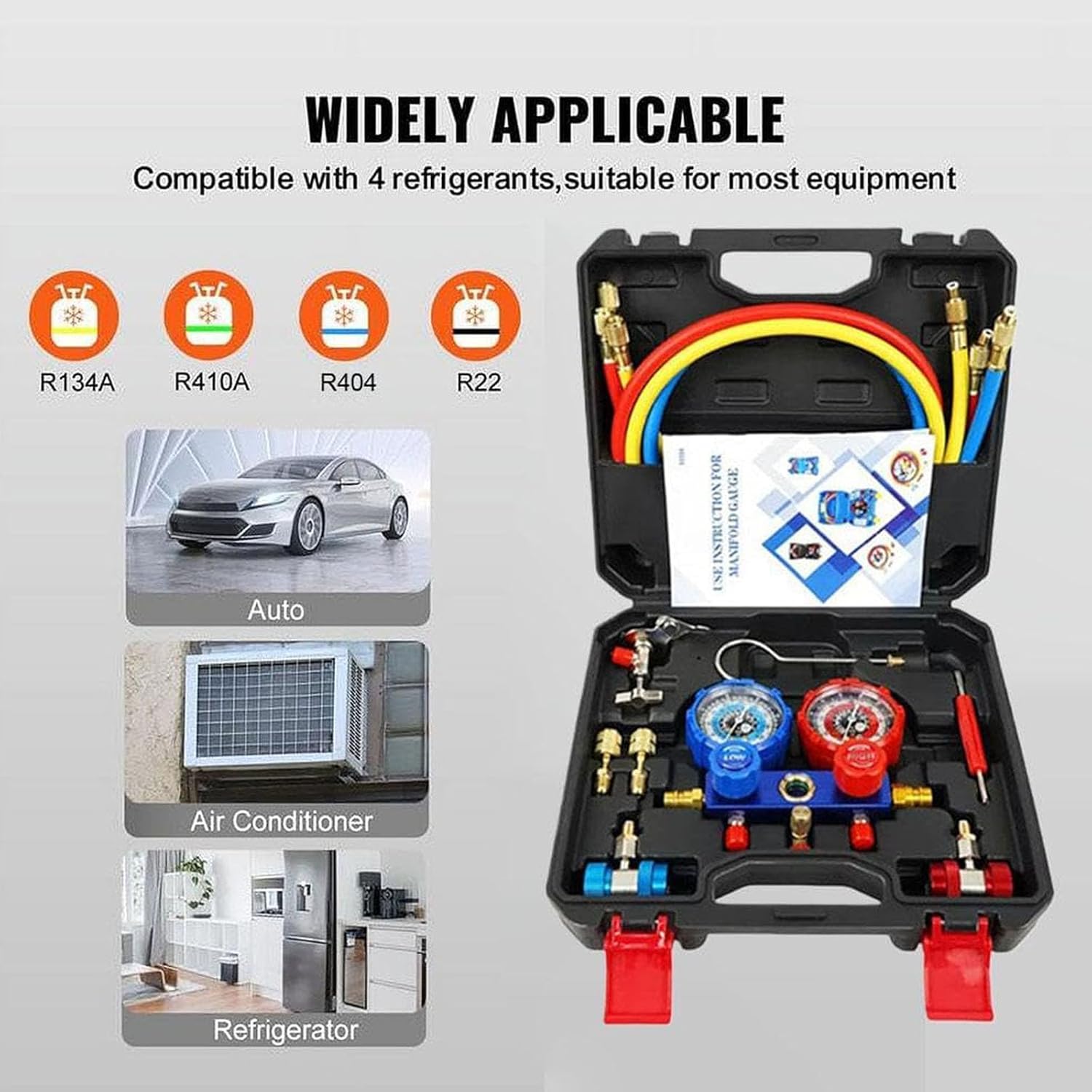 Strong ABS Automotive Refrigerants Charging Tool Set with Leak Connector & Easy Carry Case for R22 R134 R404 R41 Leak Manifold Gauges Set for Car