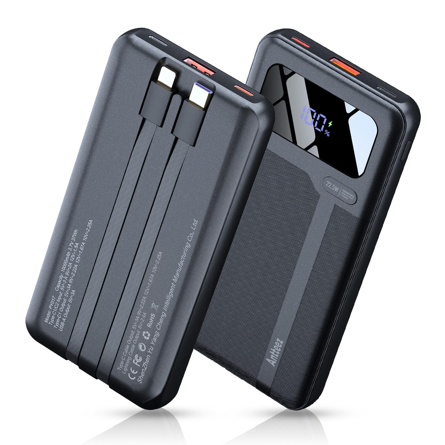 Antteez Cargador portátil de 10,000 mAh, batería externa de carga rápida con cables integrados, batería de viaje USB C de 22,5 W, pantalla LED y 4 salidas, compatible con iPhone, Samsung, iPad