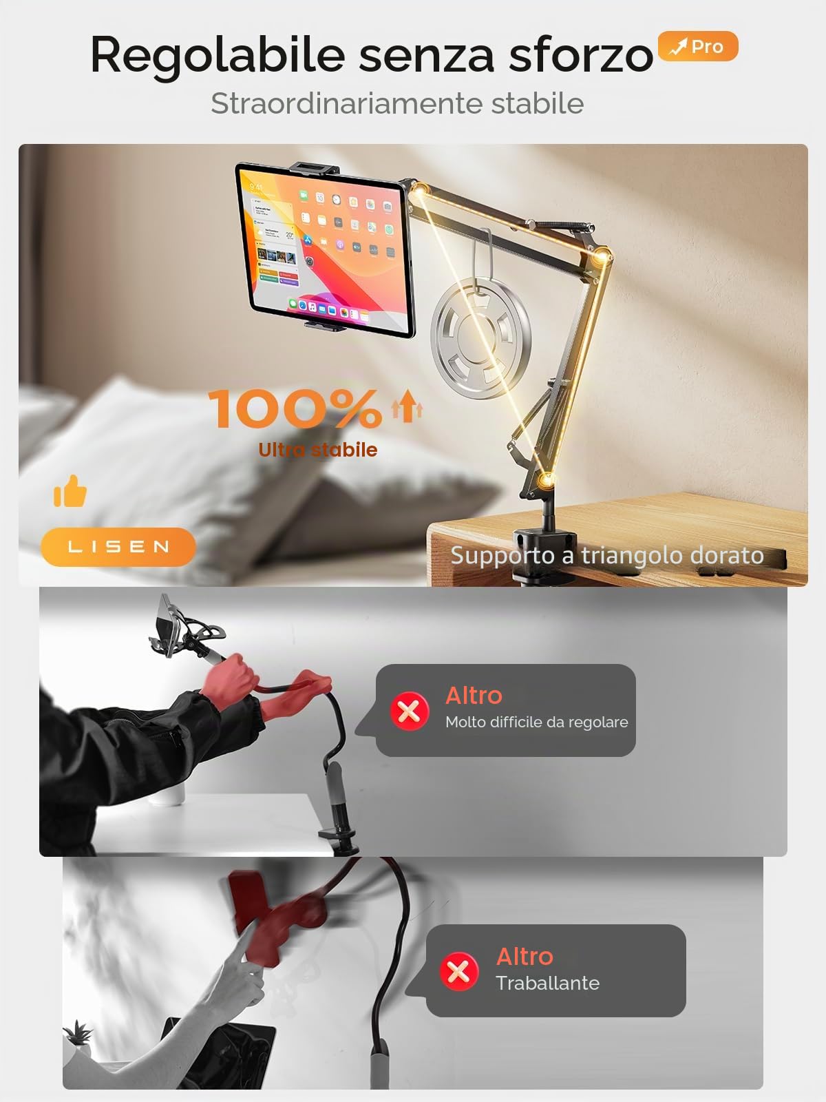 LISEN Supporto per tablet regolabile a braccio lungo 2 clip per iPad Kindle Samsung Galaxy