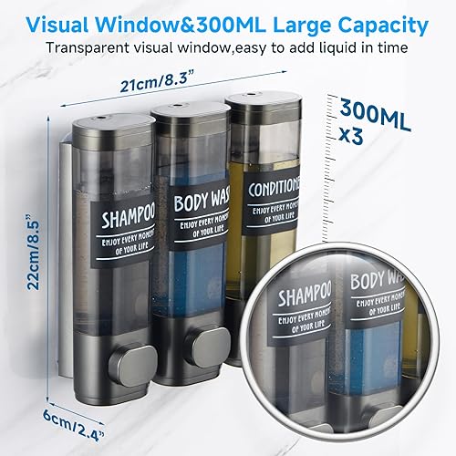 Miniatura 5 de Dispensador de champú y acondicionador, dispensador de ducha de 3 cámaras, sin taladro, dispensador de champú para ducha, dispensador de jabón para
