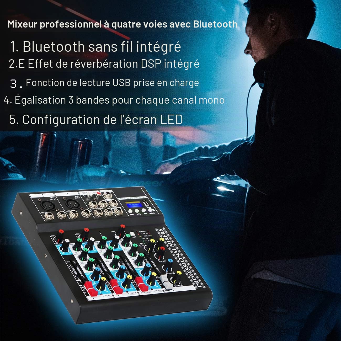 Depusheng HT4 Console DJ portable professionnelle numérique Bluetooth avec interface audio USB 4 canaux pour mixage en studio, noir