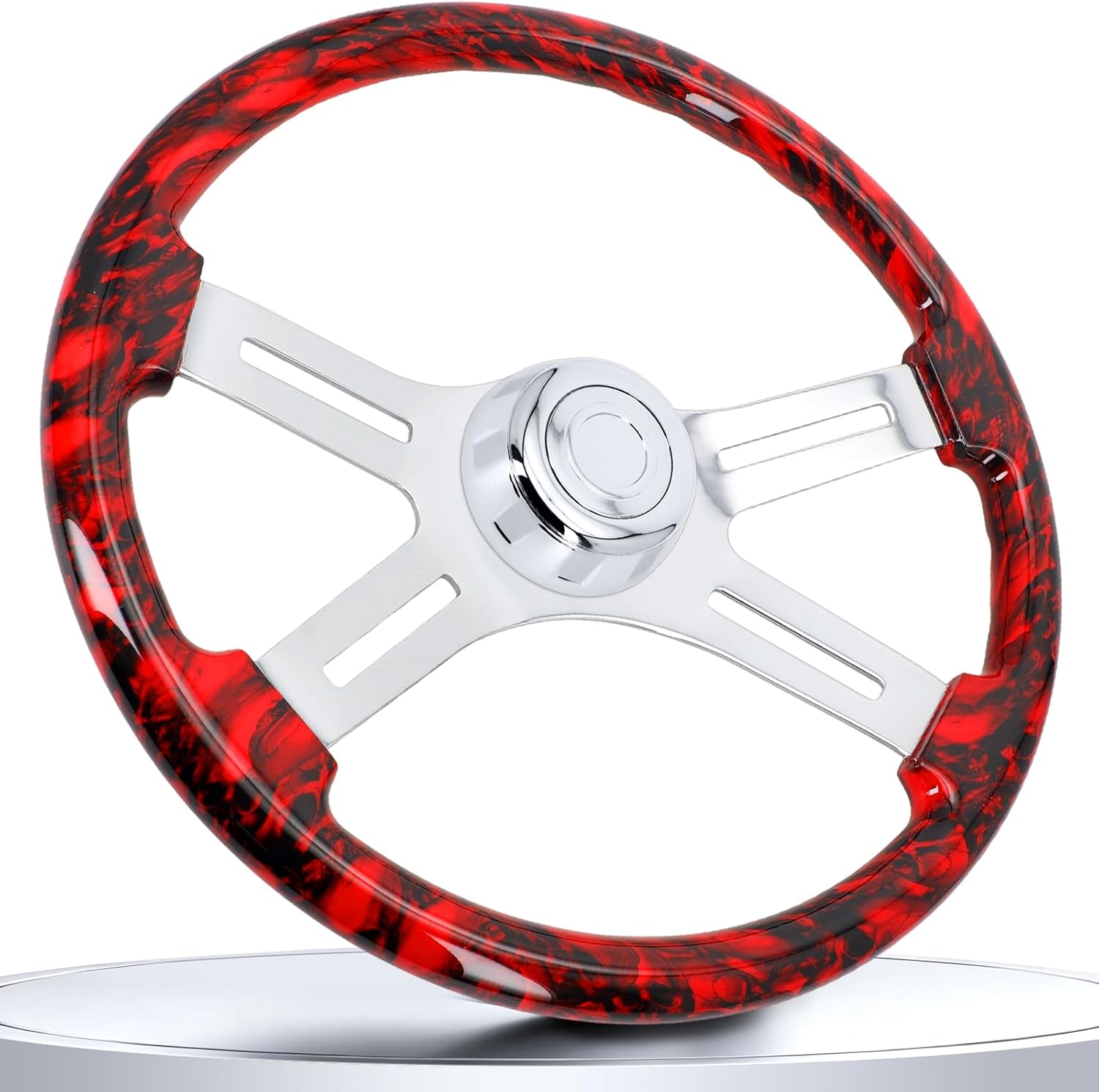 18 Inch Solid Wood Steering Wheel - For Semi-Trailers Trucks Compatible with Peterbilt Mack Kenworth Volvo Freightliner 4 Spokes Aluminum Chrome Steering Wheel with Horn Button Black Red