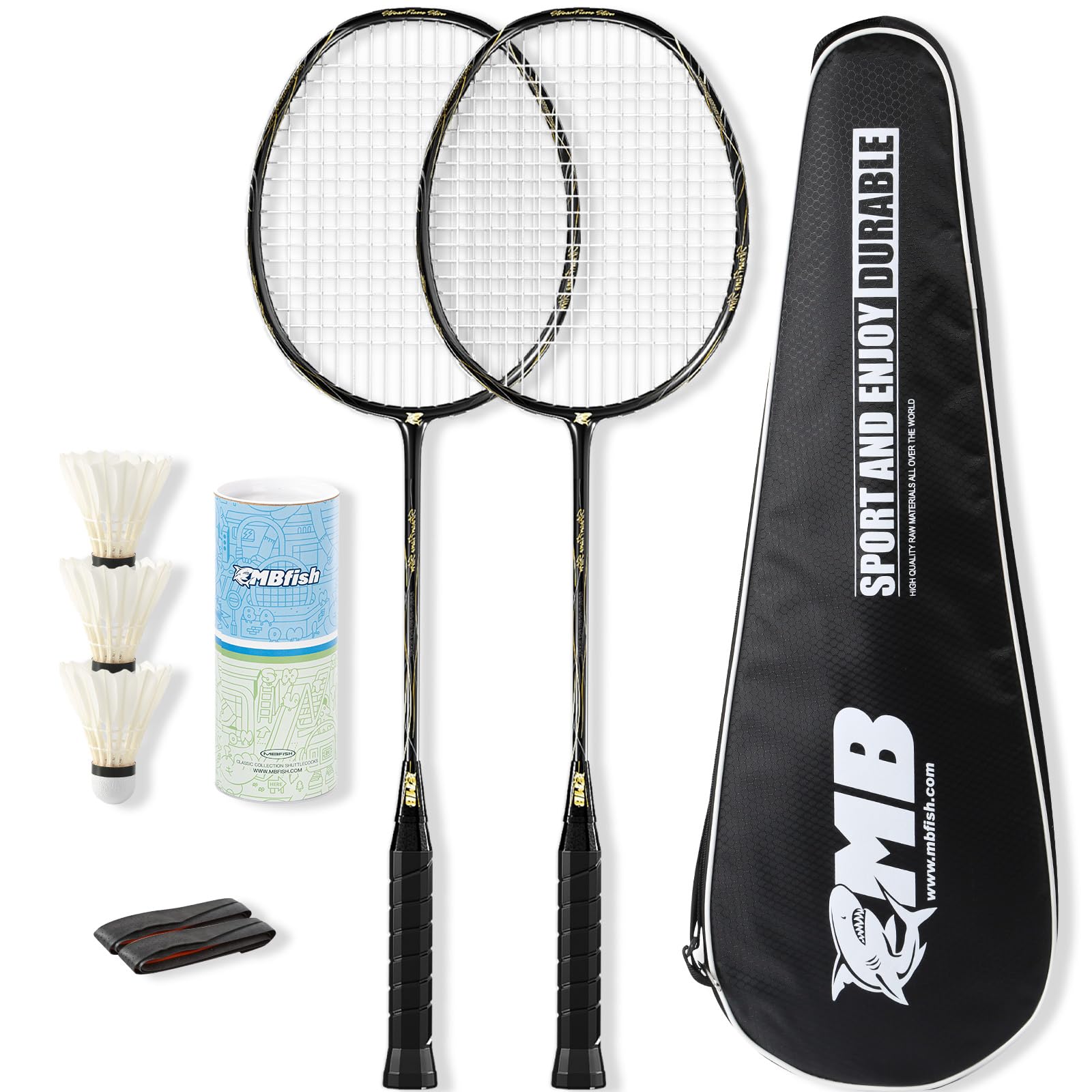 MBFISH Badminton Racket Set with 2 Carbon Fiber Rackets, 3 Shuttlecocks, 2 Racket Grip Tapes and 1 Badminton Bag - Perfect for Beginners & Outdoor Games