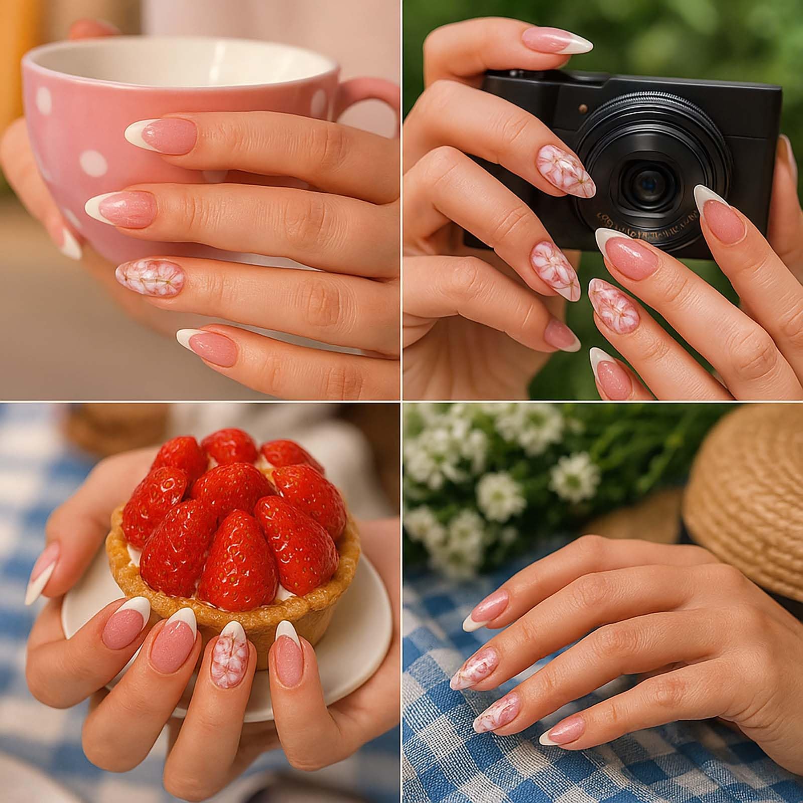 French Tip Press On Nails with Glitter & Floral Designs, Short Almond Shape False Nails Set - Image 4