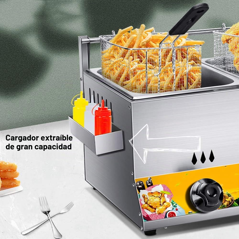 Freidora de gas de mesa de acero inoxidable, doble tanque de capacidad de 12 litros, con 2 canastas y aderezos, cocina industrial comercial o uso doméstico