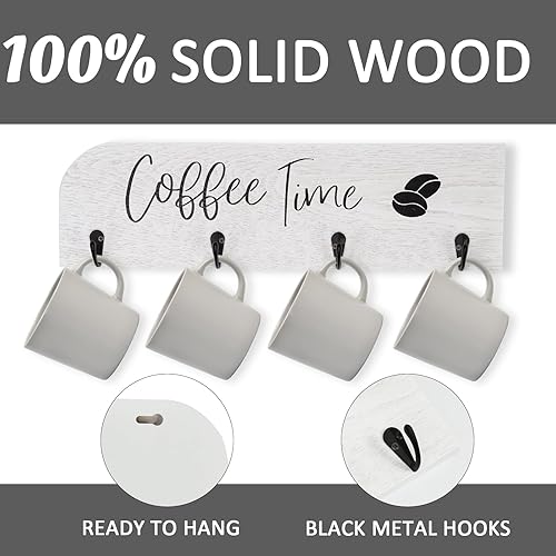 Miniatura 4 de Soporte para tazas de café de madera maciza montado en la pared, estante rústico para tazas con 12 ganchos, gran espacio para tazas grandes para