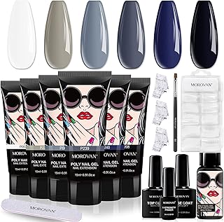 Morovan Poly Nail Gel Kits 6 Colors Poly Gel Kits with 100 Pcs Double Nails Form Top and Base Coat Slip Solution Nail Primer Builder Brush Nail Clip Poly Gel Color Packs Extension Nail Kit Starter (6Colors Poly Gel Gray Black)