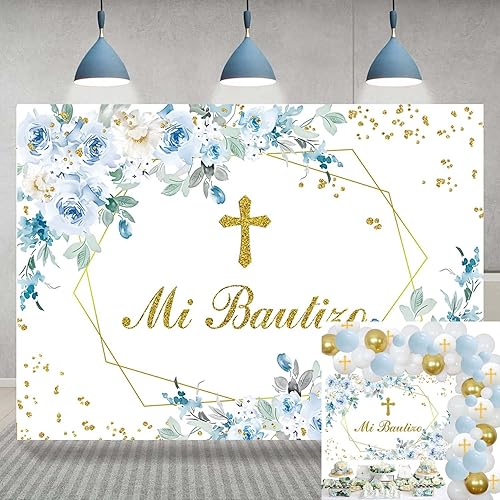 Mi Bautizo - Telón de fondo para fiesta de bautismo mexicano, 8 x 6 pies, Dios bendiga la primera comunión, fondo azul flor niño bautismo banner