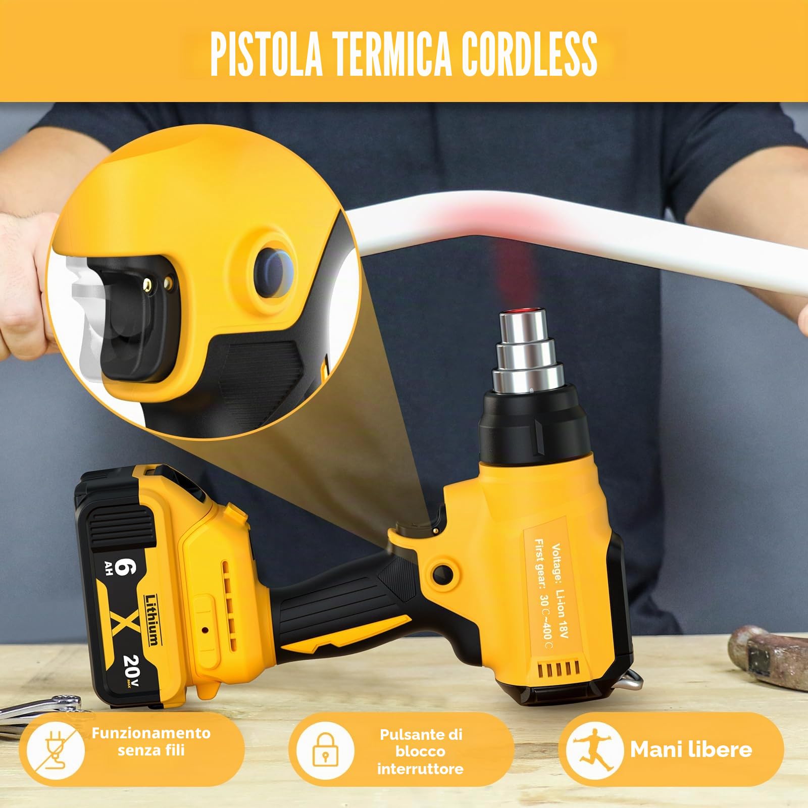 Pistola ad aria calda senza fili per batteria Dewalt da 20 V (senza batteria) pistola termica per saldatura, piegatura dei tubi, rimozione del colore, pistola termica con 4 ugelli.