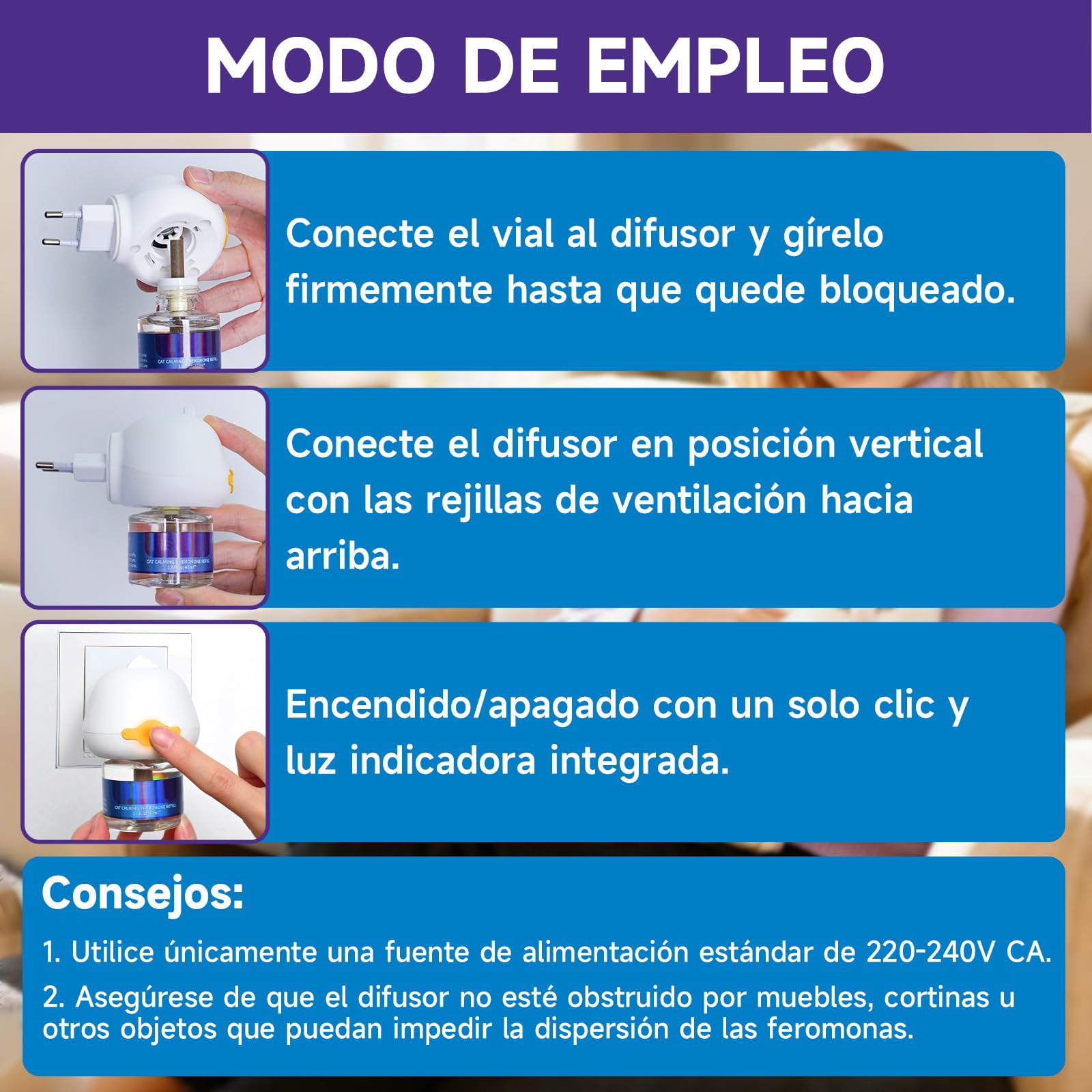 Difusor de Feromonas para Gatos - Enchufe Calmante para Relajación, Kit con 1 Difusor + 2 Recargas de 48ml - 60 Días de Confort