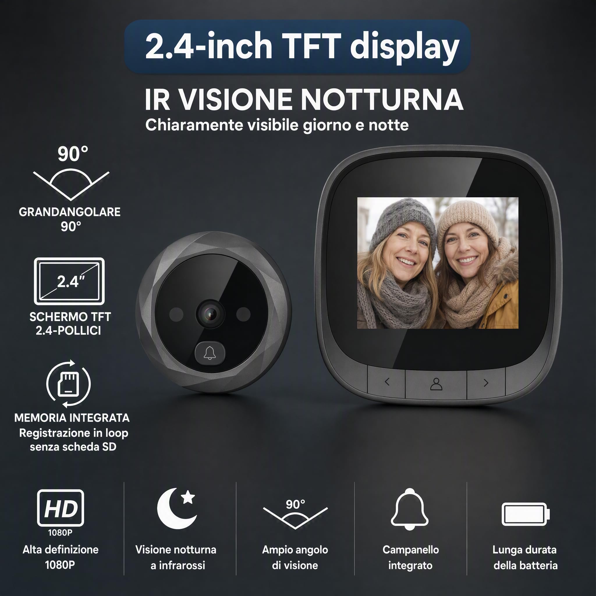 Spioncino Elettronico 2,4" – Visione Notturna IR-Memoria | ABS nero. 1 ora di carica = 1 mese di autonomia. Per porte 35-110 mm e foro 14-45 mm.