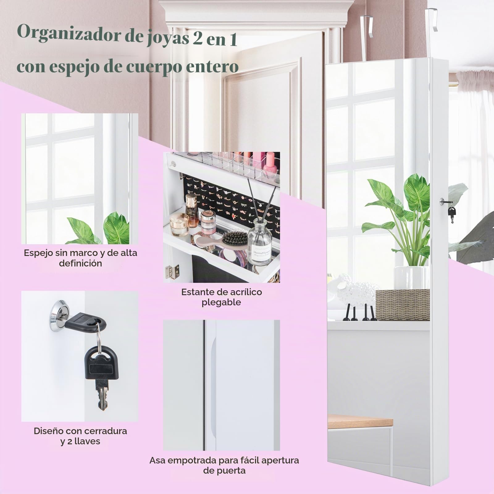 HOMASIS Joyero con espejo de cuerpo entero,armario para joyas de pared, espejo de maquillaje integrado y luz LED de 3 colores, ganchos para cadenas y pendientes, 37x10x135/140cm, blanco