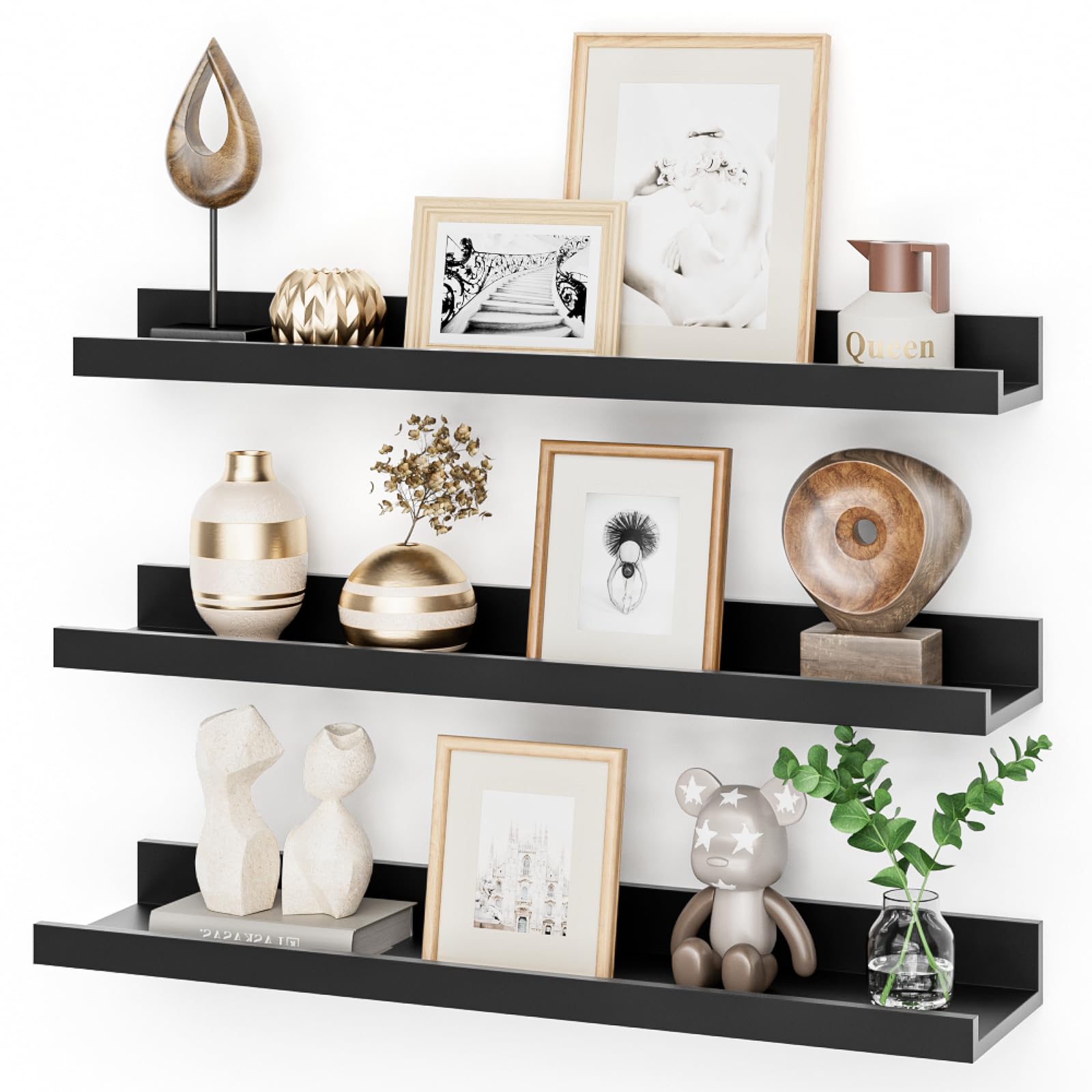 Floating Shelves Set of 3, 60 cm Black Floating Shelves Wood Wall Mounted Shelf Picture Ledge Shelf Kids Bookshelf for Living Room Kitchen Bedroom Bathroom Photo Display Home Organization & Wall Decor