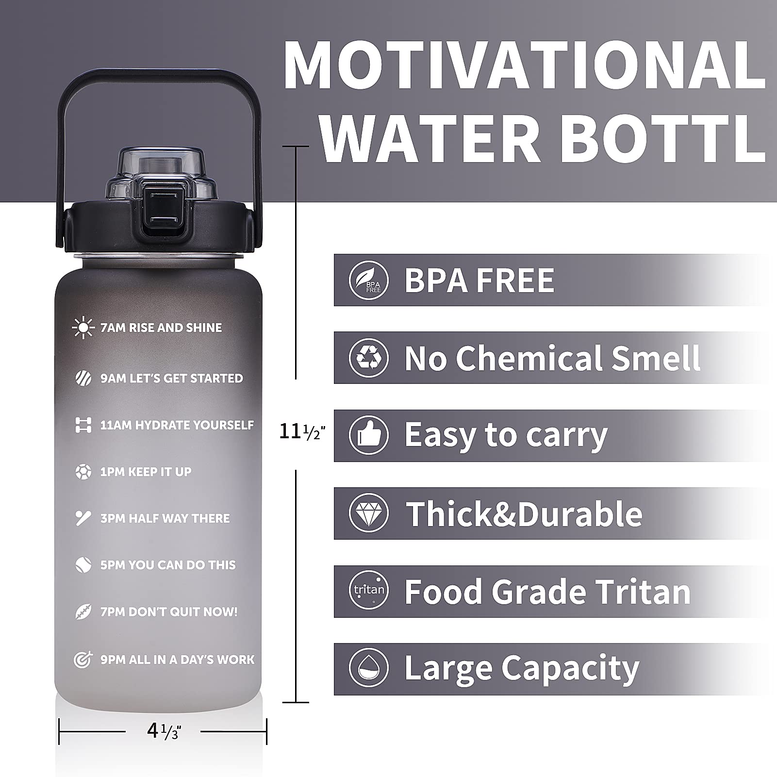 64oz, Motivational Water Bottle with Time Marker, Leakproof & BPA Free Big Water Bottle with Straw & Handle Tritan Frosted Water Jug for Gym,Fitness,Outdoor Sports