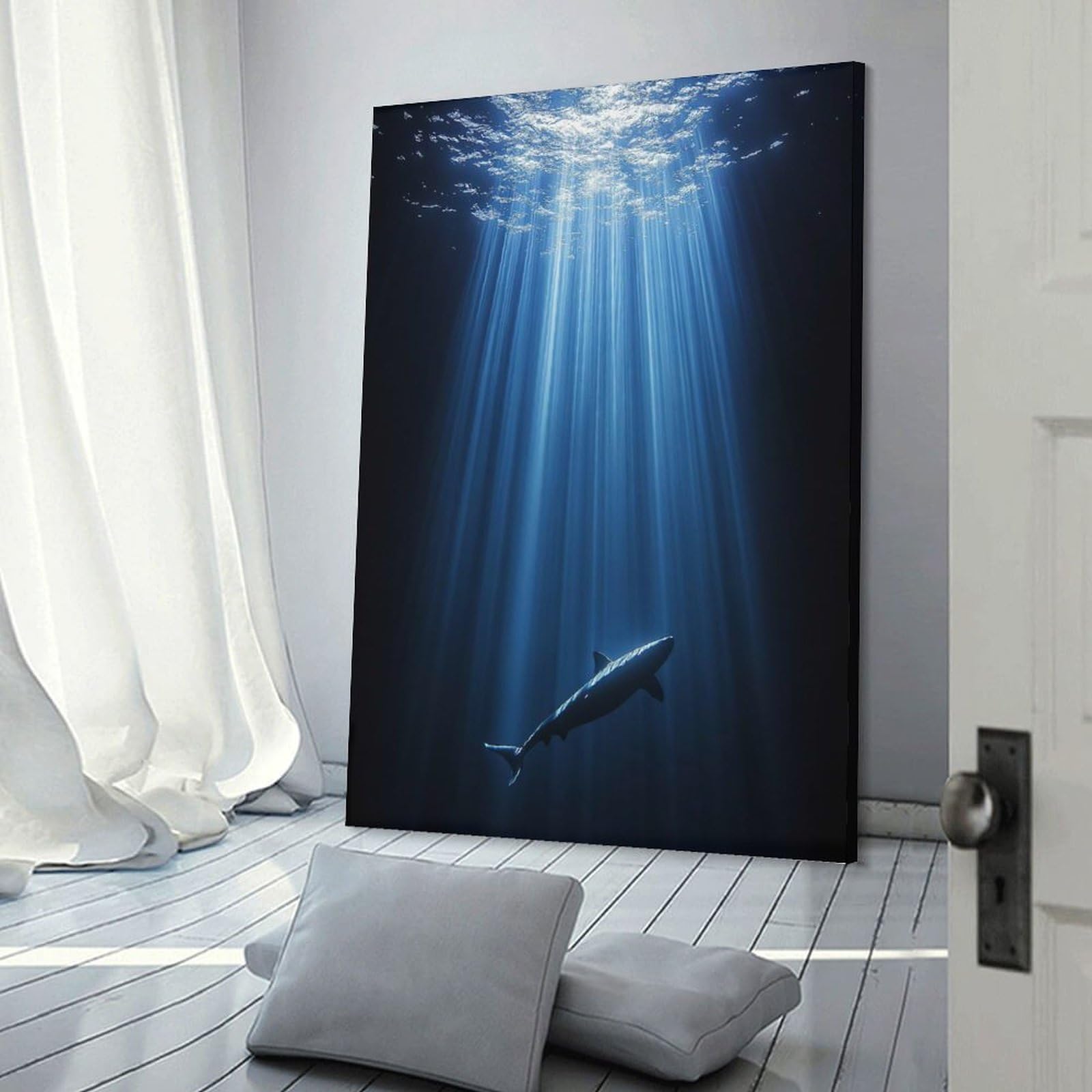 Junmoney Frame-Style-23 Shark In Deep Blue Ocean Home Decor Wall Art 20X30inch(50X75cm), For Bedroom, Guest Room Or Reading Nook, Decorative Wall Art For Cosy Rooms