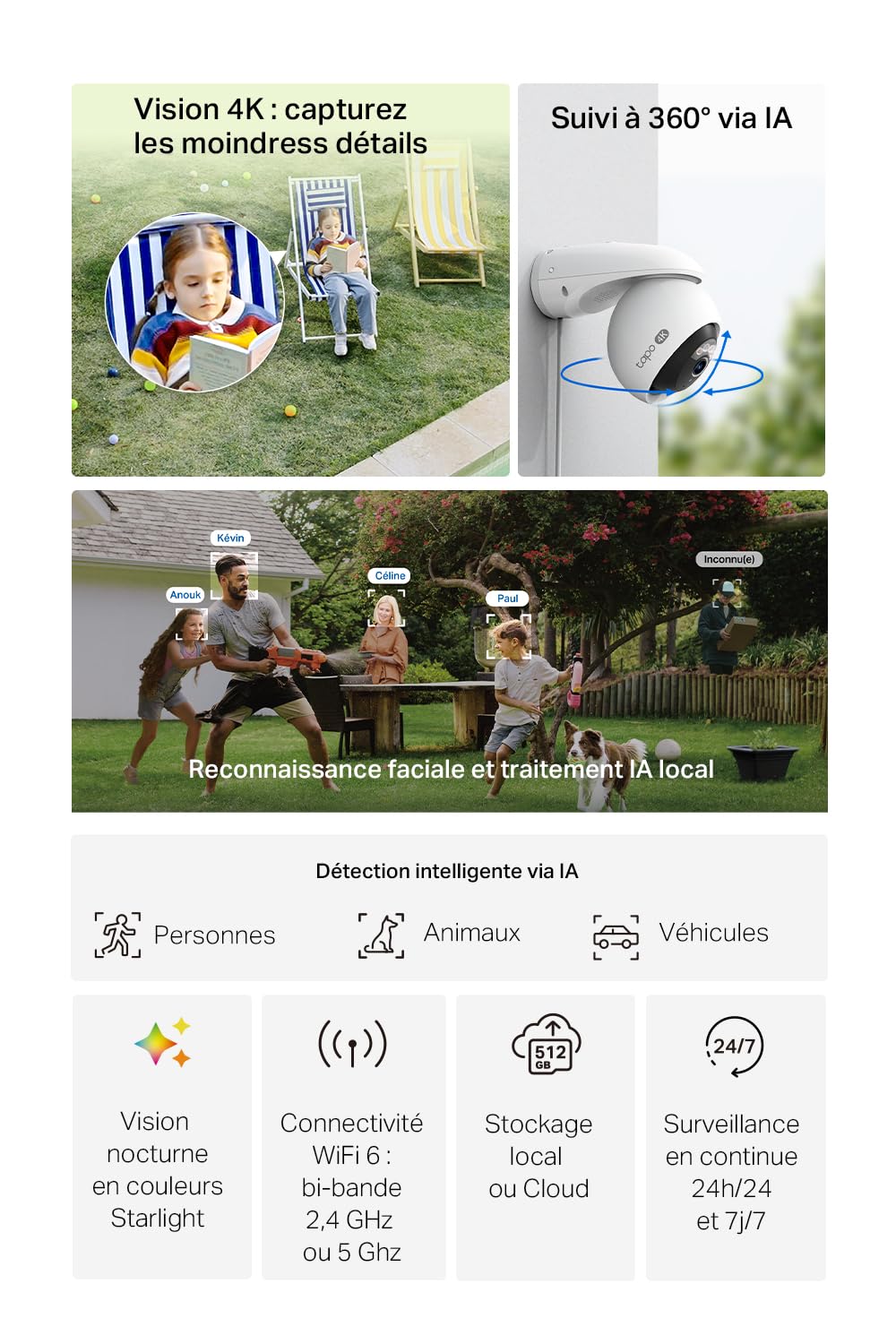 Tapo C560WS Caméra de surveillance extérieure Wi-Fi 4K 360°, Wi-Fi 6 double bande, vision nocturne couleur, détection IA gratuite, suivi intelligent, alarme lumineuse et sonore, audio bidirectionnel