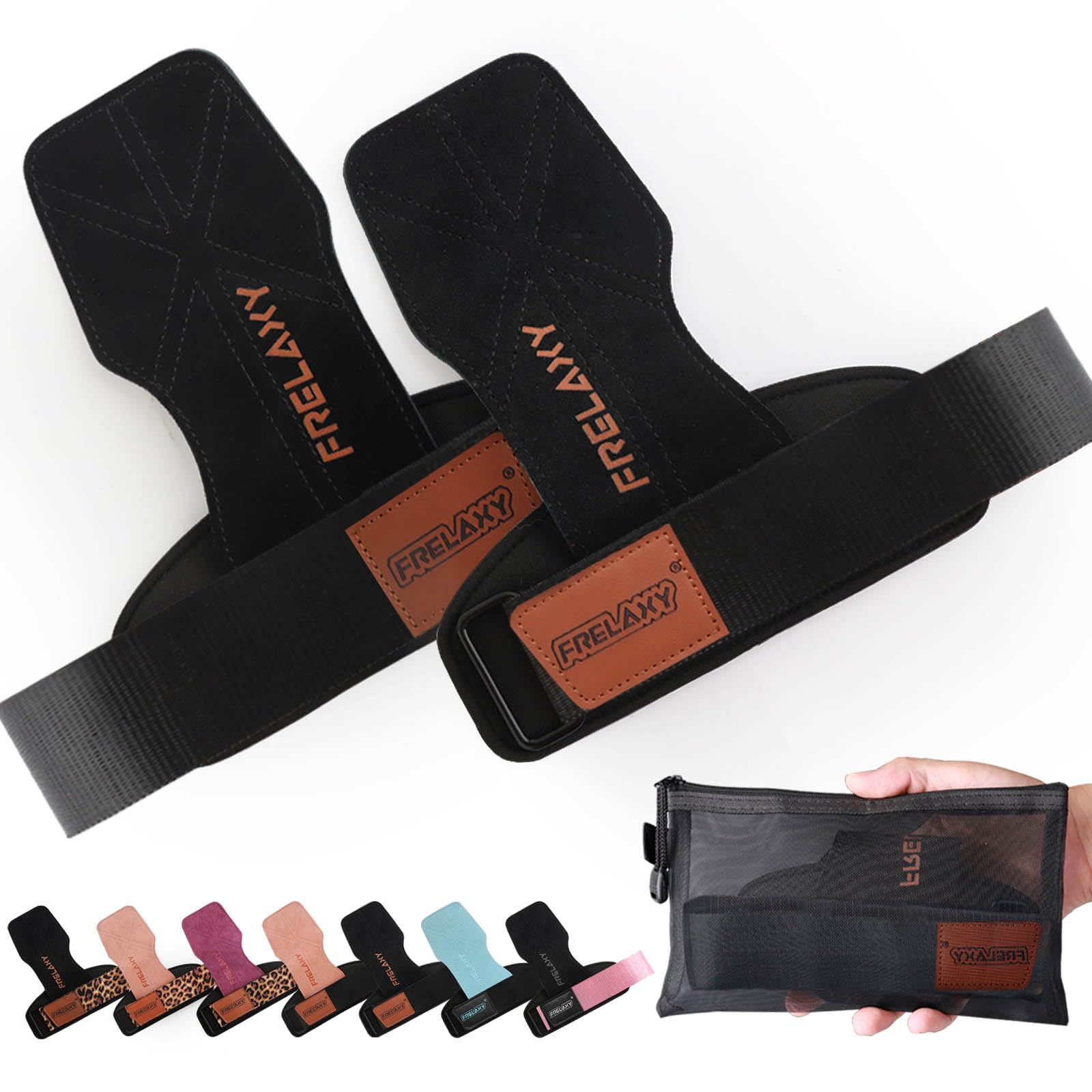 Frelaxy Lifting Wrist Straps Women and Men, Weight Lifting Grips with Cushion Wrist Loop, Double Layer Leather and Storage Pouch, Gym Workout Straps for Deadlift and Powerlifting