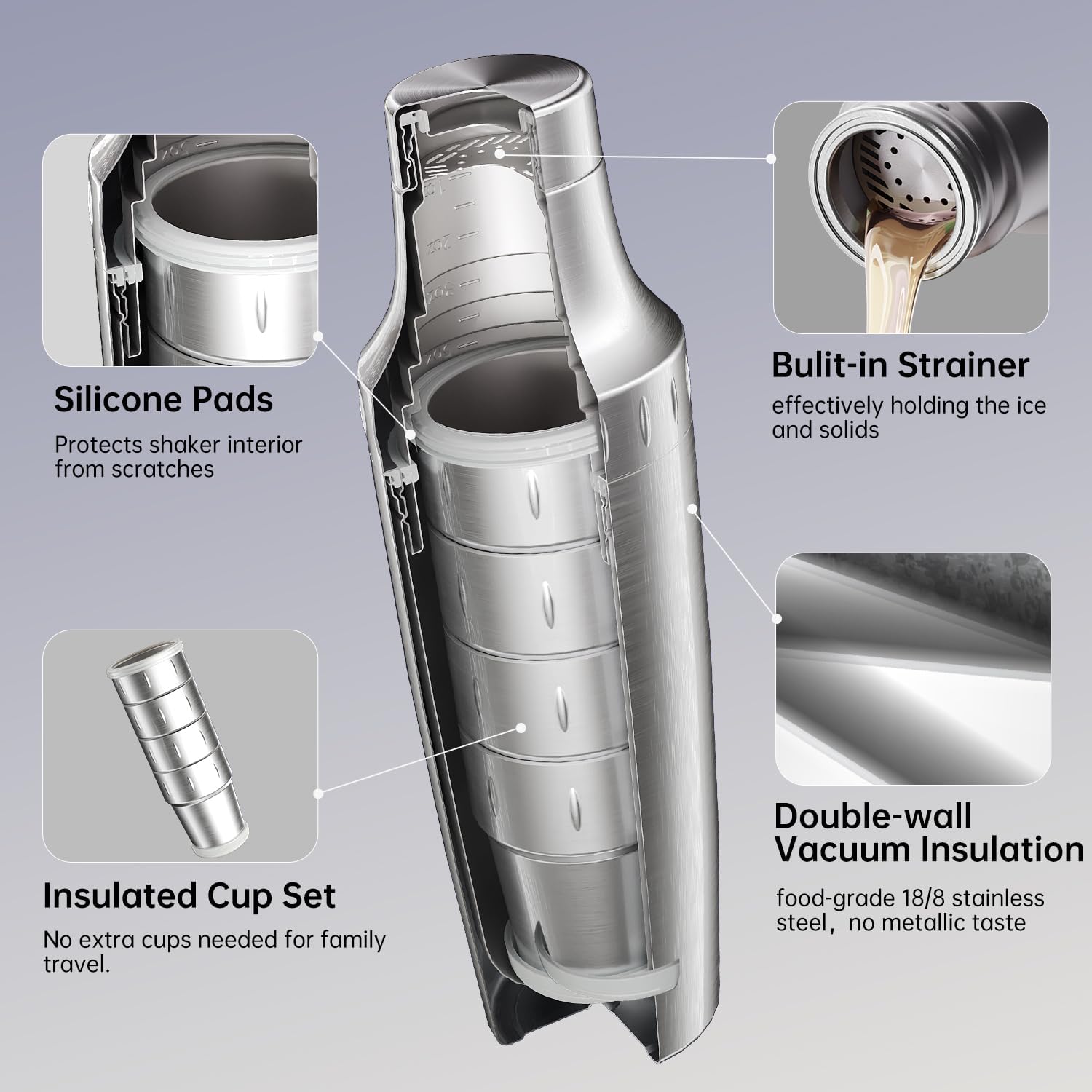 Hybrid Cocktail Shaker Set with Stackable Cups | Vacuum Insulated Stainless Steel Martini Shaker & Bartender Tools | Travel-Ready Kit | 30oz | Silver