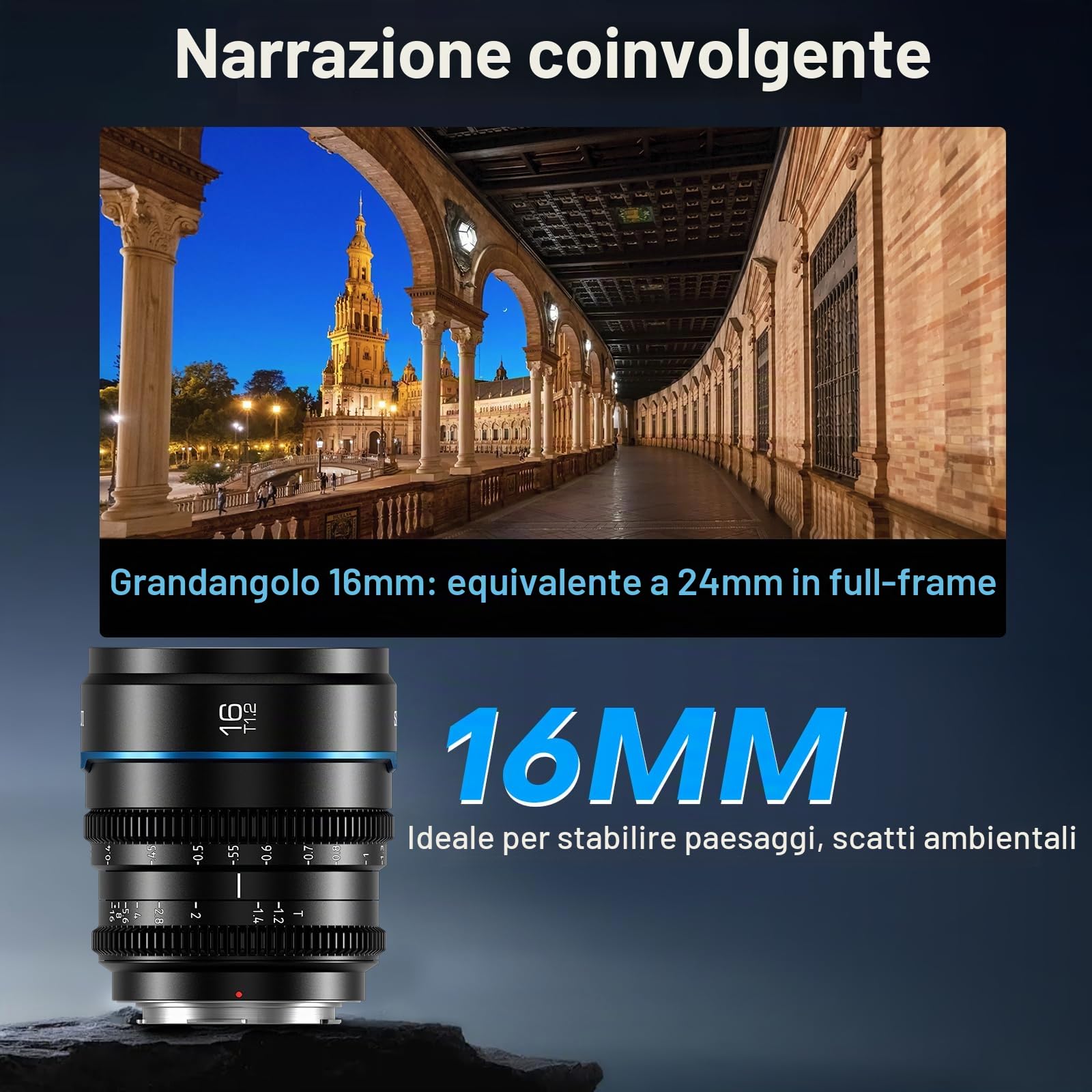 SIRUI Night Walker 16mm T1.2 Obiettivo Cine Formato S35, Grandangolo a Fuoco Manuale con Ampia Apertura, per Fotocamere MFT-Mount, per GH6, GH5II, BMPCC 4K, OM-1, Z CAM (MS16M, Nero)