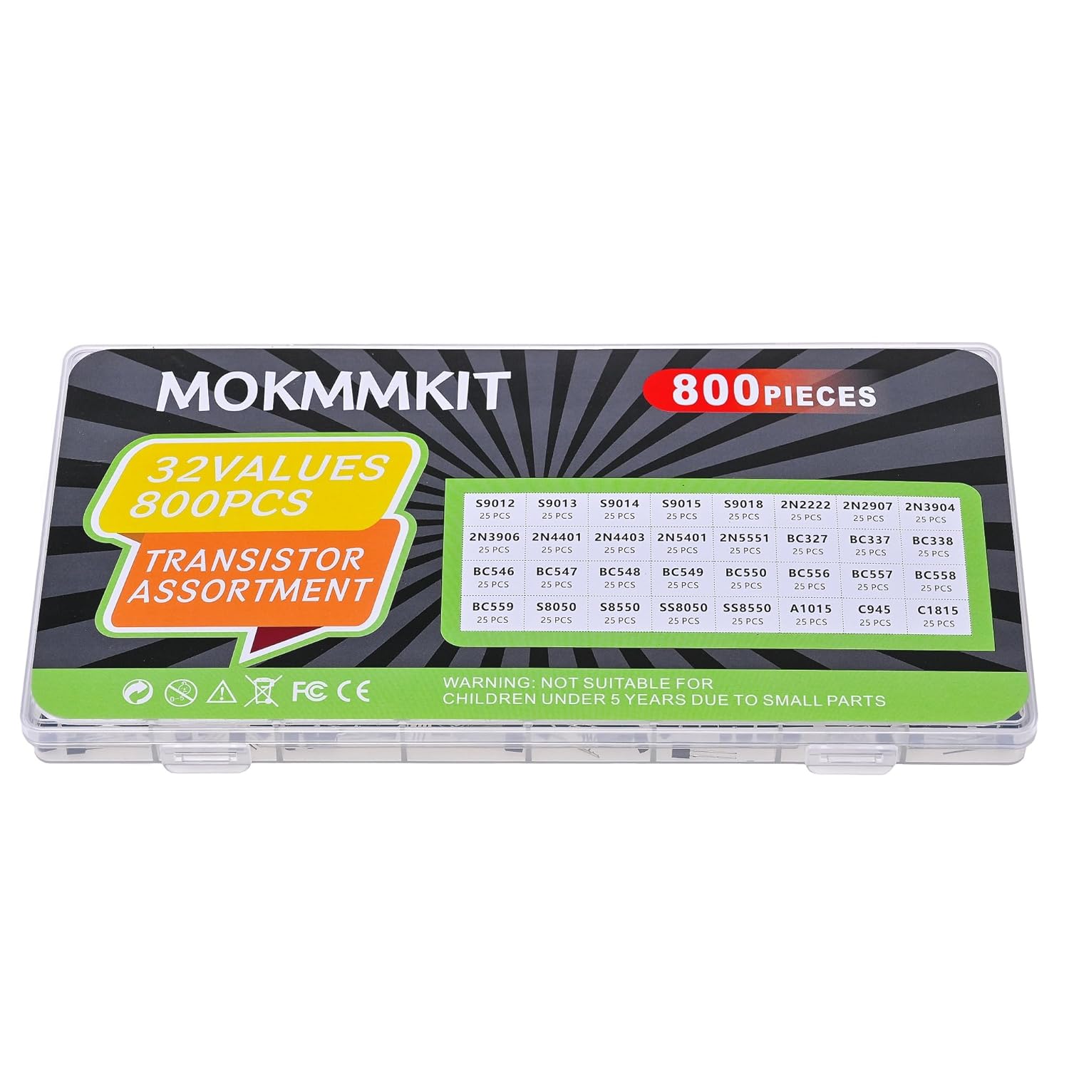 32 Values 800 Pieces Transistor Assortment Kit 2N2222 2N2907 2N3904 2N3906 2N5401 2N5551 S8050 S8550 S9012 S9013 S9014 S9015 A1015 C1815 C945 BC327 BC337 BC547 BC550 BC557 PNP NPN TO-92
