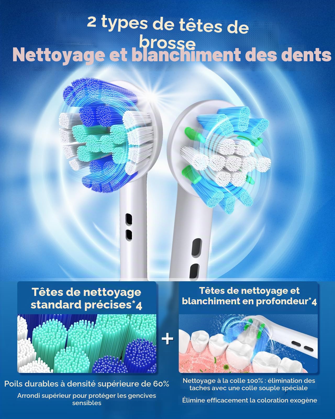 Brosse à dents électrique rotative pour adultes avec 8 têtes de brosse (2 types), puissance rechargeable et 2 minutes de temps intelligent, 4 modes de nettoyage (bleu ciel)