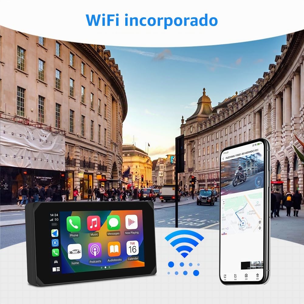 VSYSTO Carplay inalámbrico y Android Auto para Motocicleta, 5 Pulgadas Carplay Portátil con Soporte, Dashcam Delantero Trasero 1080P, Pantalla Táctil Impermeable con Bluetooth, Navegación GPS, TPMS