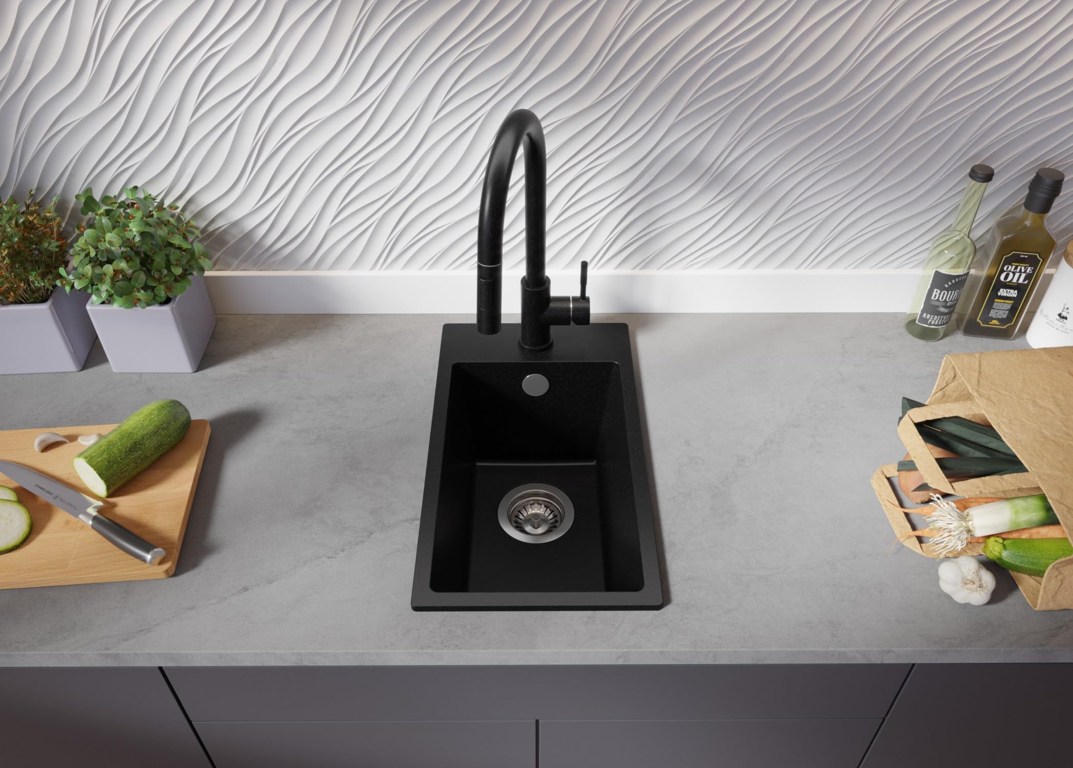 PRIMAGRAN Evier Cuisine en Granit Tout Noir 28x50cm, Lavabo 1 bac + Robinet 32x20cm + Kit de Vidage, Évier à Encastrer au Meuble 30cm - Riga S012