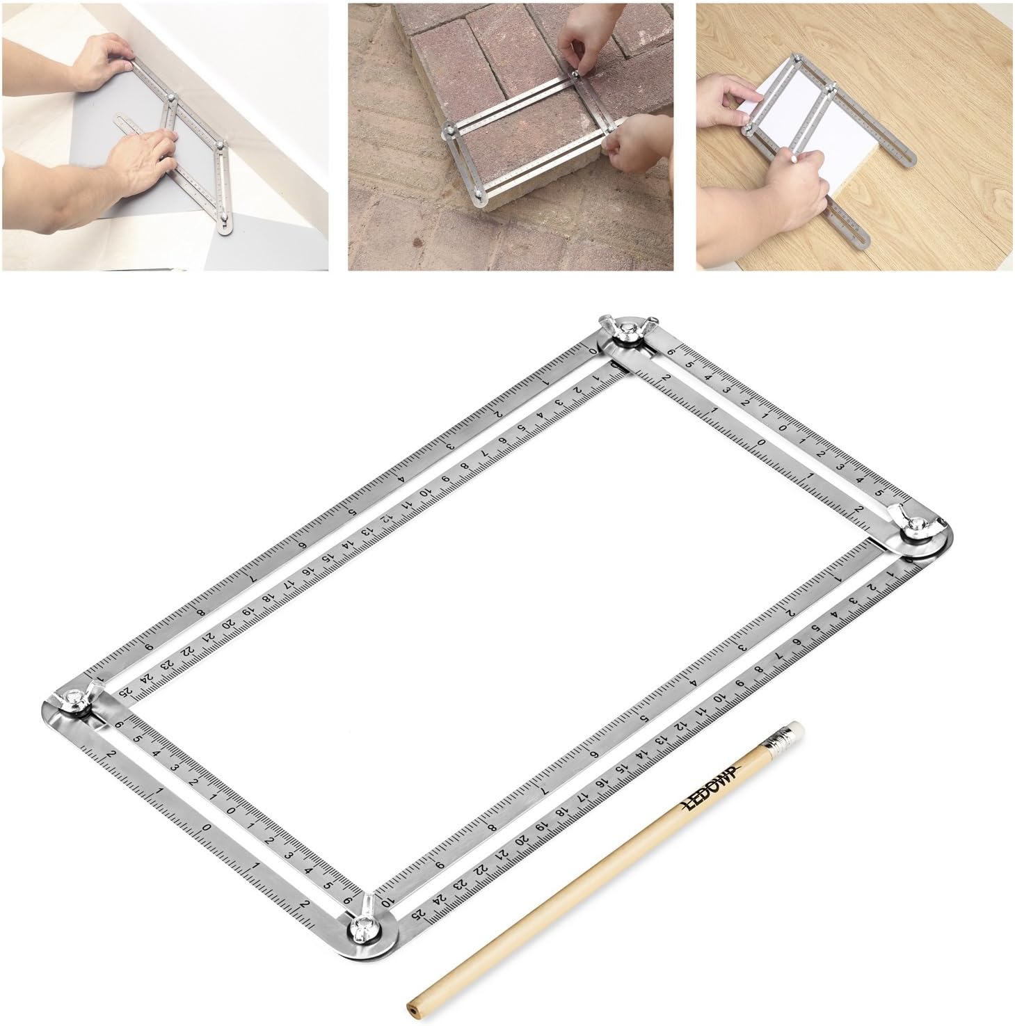 LEDOWP Multi Angle Measuring Ruler, Full Metal Angleizer Template Tool Made of Premiun Stainless Steel, Laser Engraved Markings, Perfect for Handymen, Builders, Craftsmen, Carpenters, Roofers, Tilers, DIY-ers (Silver - Stainless Steel)