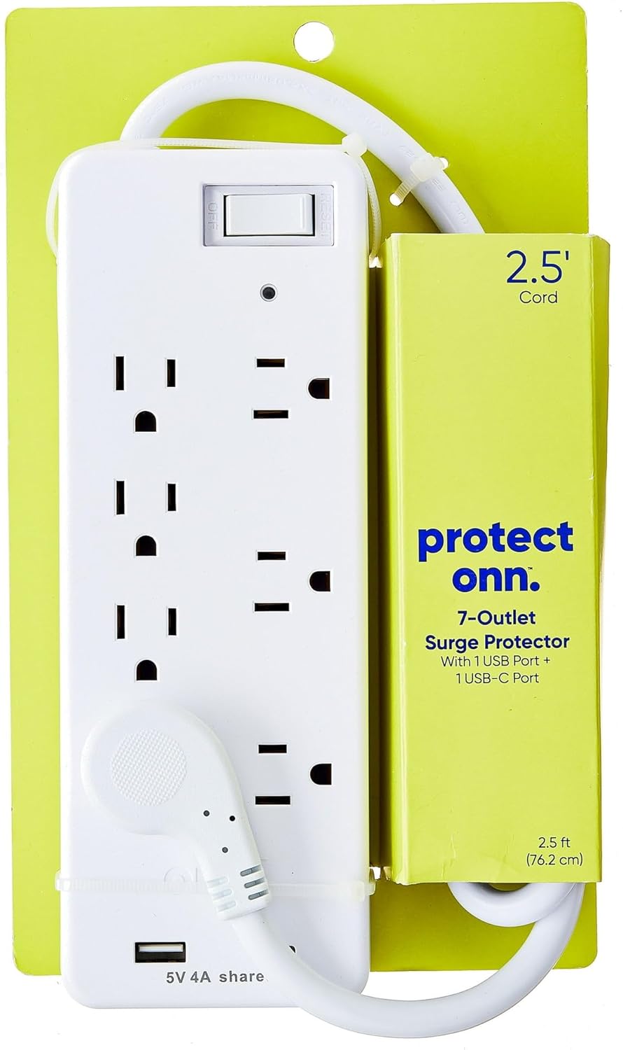 IT'S BRAZILIAN onn 7-Outlet Surge Protector with 1 USB Port, and 1 USB-C Port, and 2.5 Power Cord, White