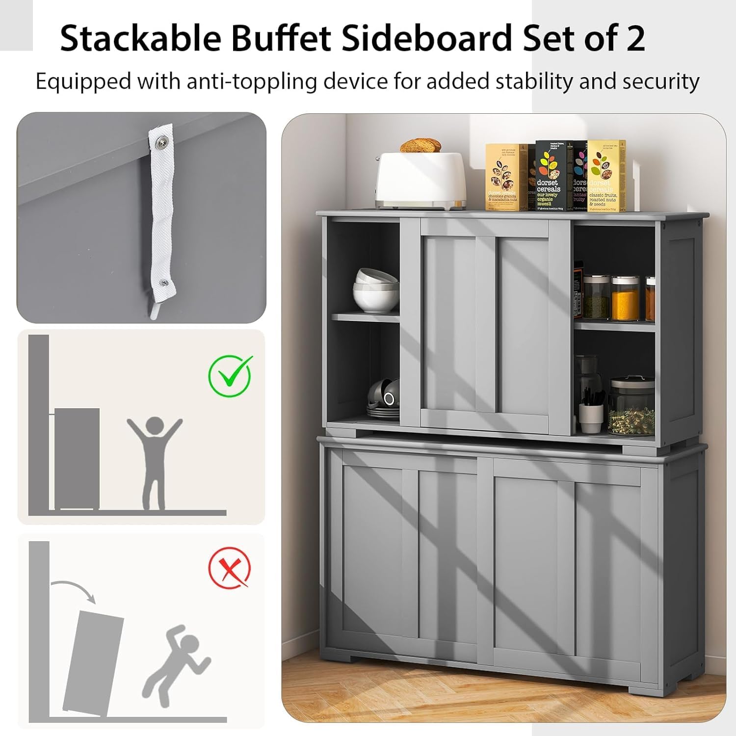 NAFORT Sideboard Buffet Cabinet with Adjustable Shelves, Modern Storage Cabinet with Sliding Doors, Buffet Table for Dining Room, Kitchen, Living Room, Farmhouse Style Sideboard Cupboard (Gray)