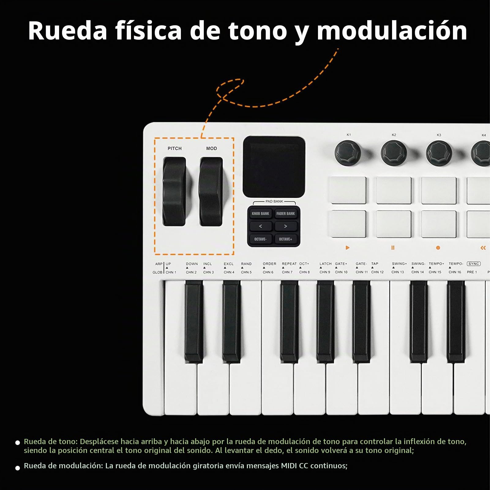 Btuty 37 Keys MIDI Keyboard Música Controlador de Producción de Música MIDI con 16 RGB TOMPLES 8 BOTONES 4 Reguladores Syntesizador Incorporado para Producción Musical en Camino