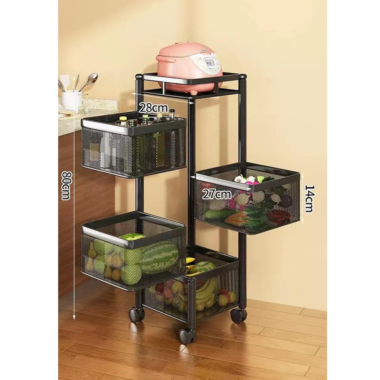 Carrello da cucina girevole a 3-5 ripiani, in filo metallico con coperchio superiore, versatile carrello portaoggetti per frutta e verdura, design salvaspazio per cucina e soggiorno