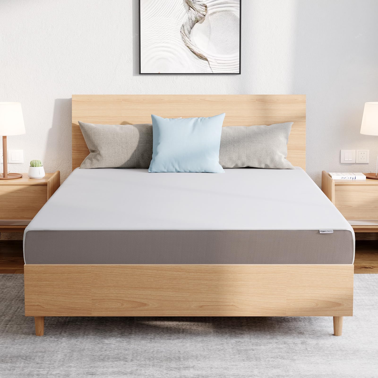 Amazon Basics Memory Foam Plush Mattress, Queen, White/Grey, 80 x 60 x 8 inches